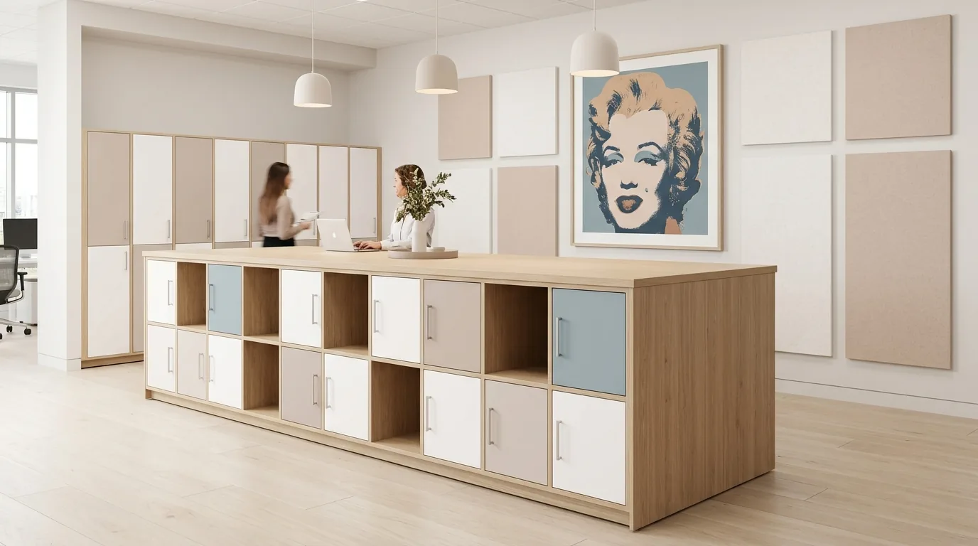 Collaboration Island in Bianco Alaska, Beige Arizona, and Bleu Spazio, coworking gathering space