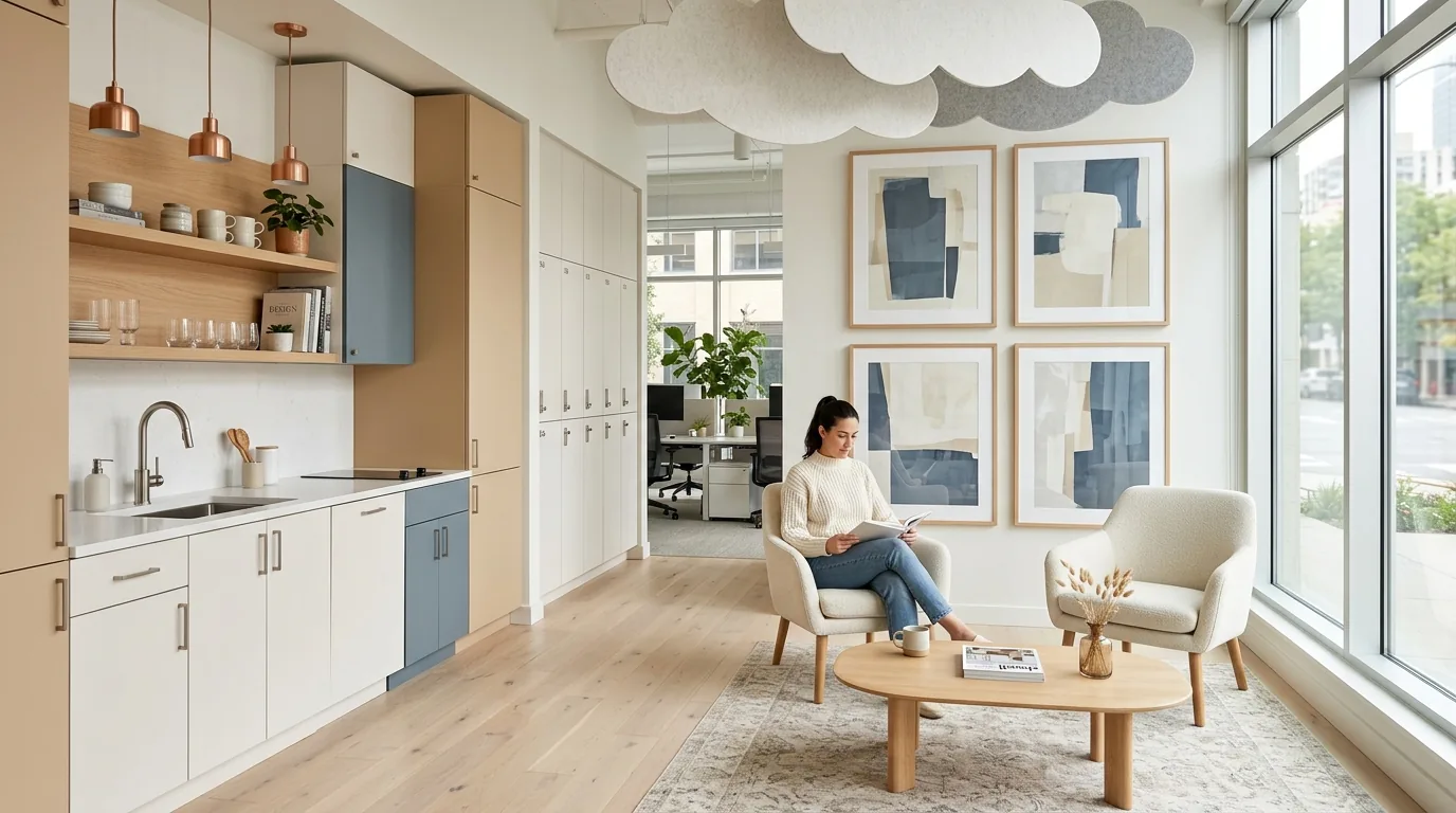 Pantry casework in Bianco Alaska, Beige Arizona, and Bleu Spazio