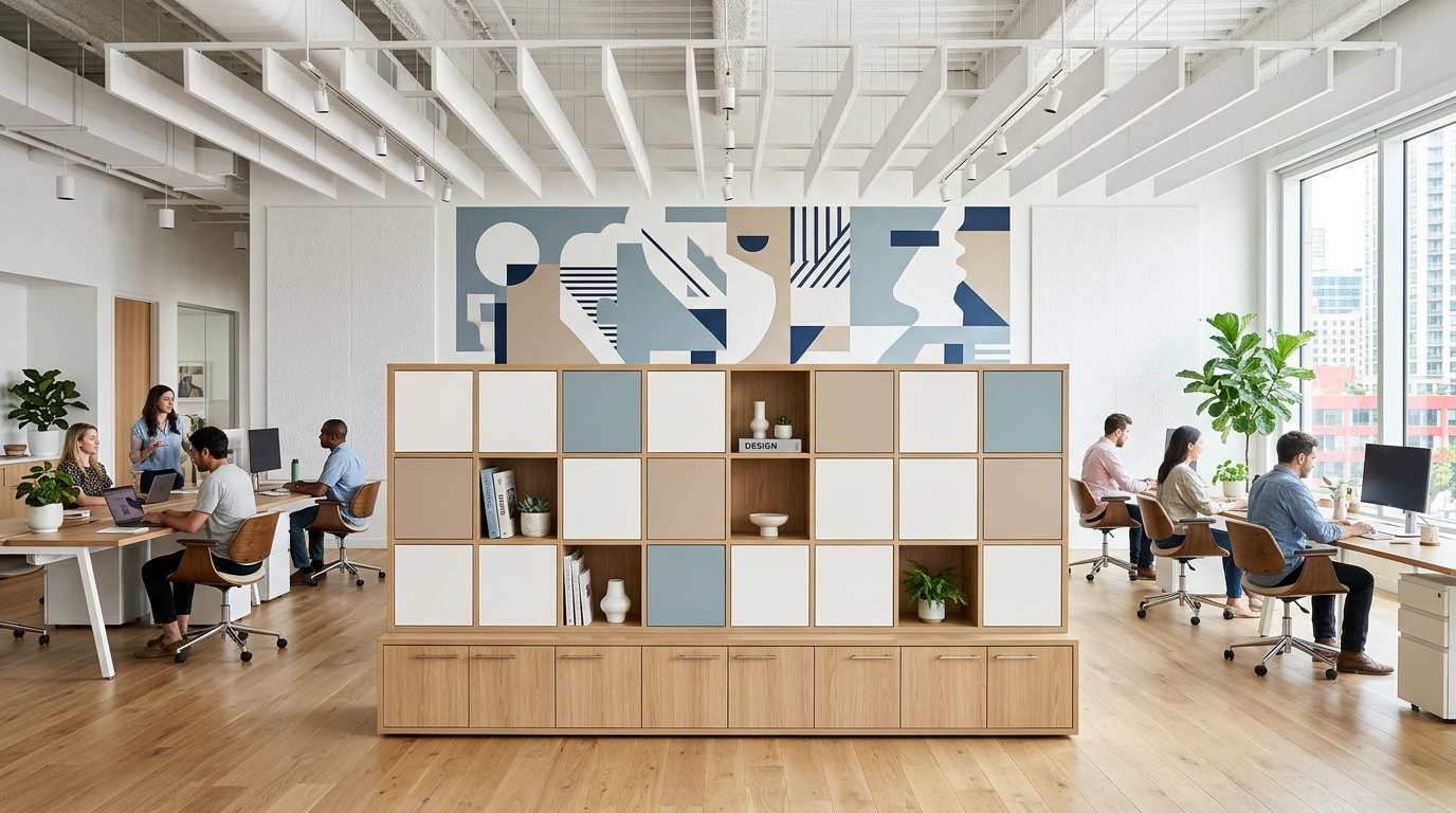 Zone Divider in Bianco Alaska, Beige Arizona, and Bleu Spazio, coworking setting