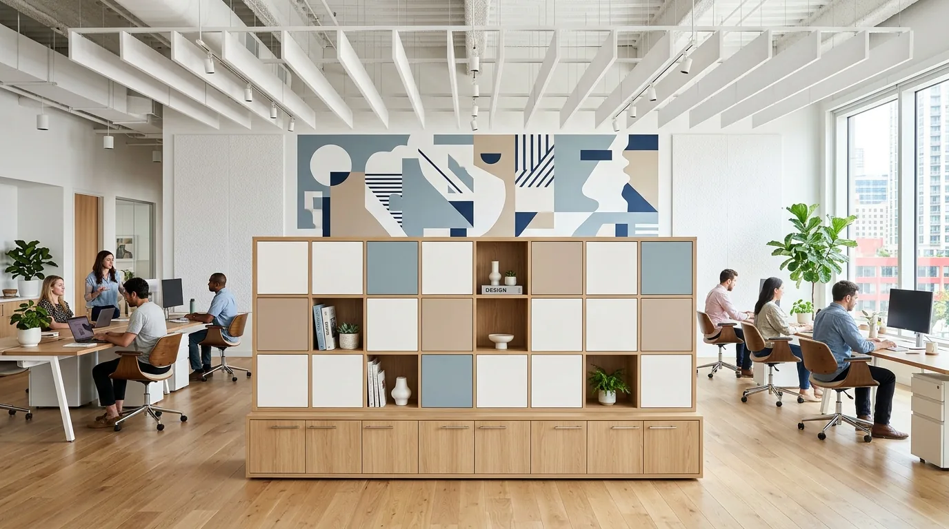Zone Divider in Bianco Alaska, Beige Arizona, and Bleu Spazio, coworking setting