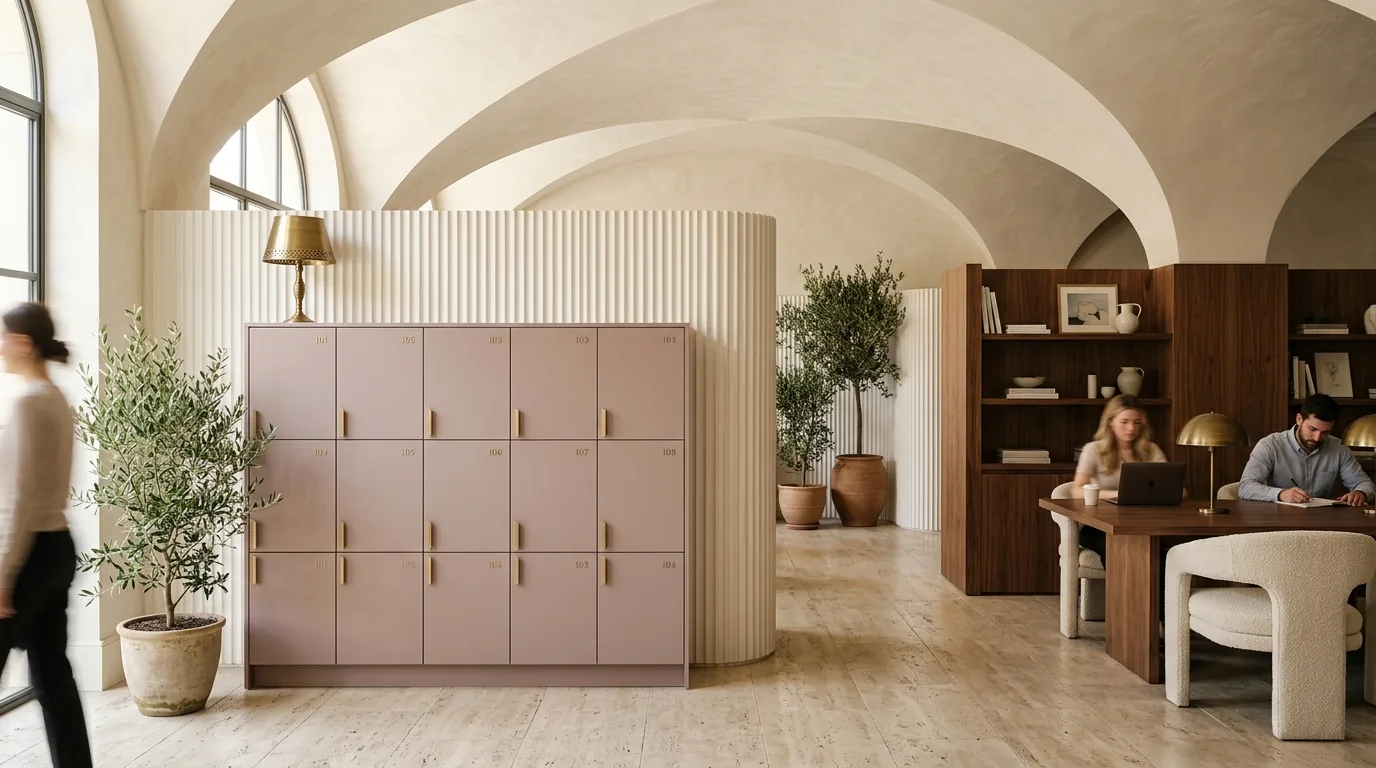 Open office locker wall in Rosa Viola from the Joy Collection