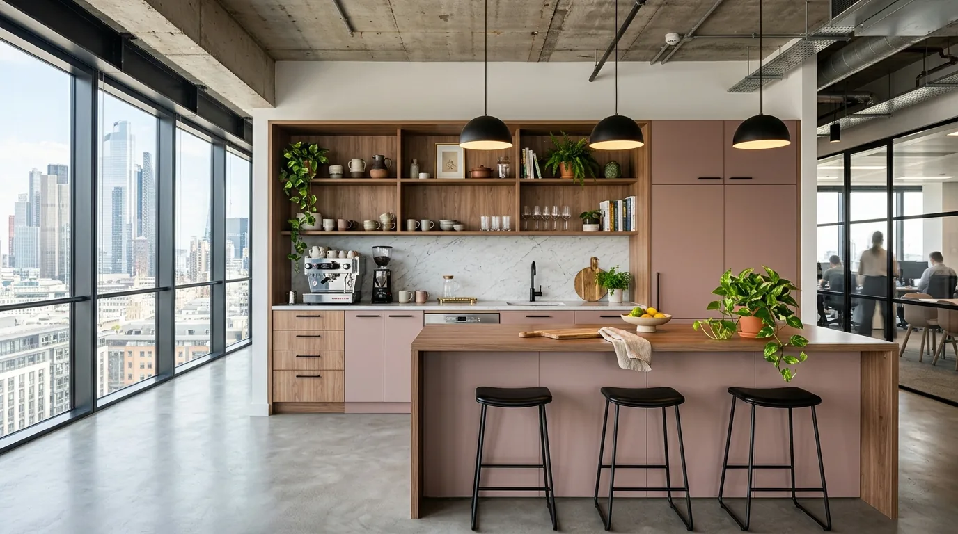 Pantry casework in Rosa Viola and warm woodgrain