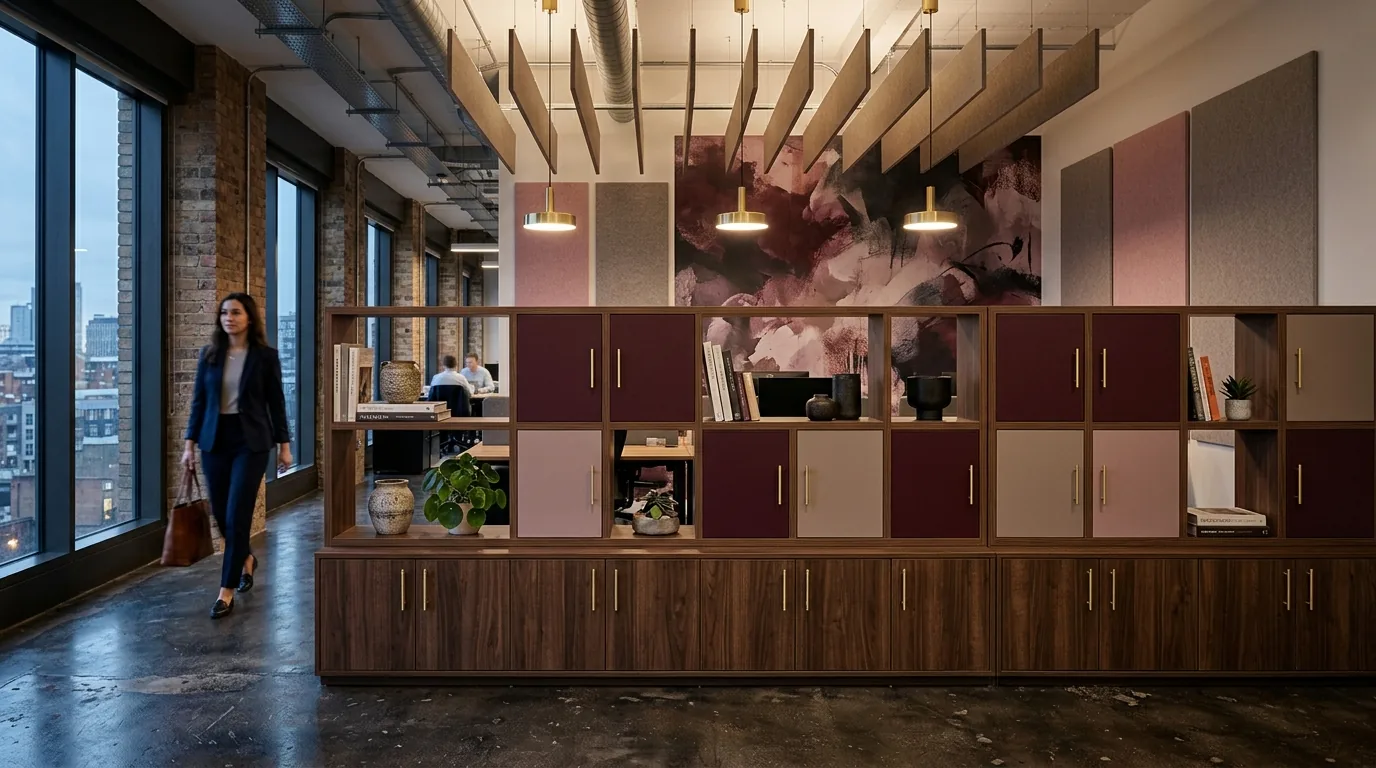 Joy Collection zone divider with mural in Viola Tramonto and Rosa Viola