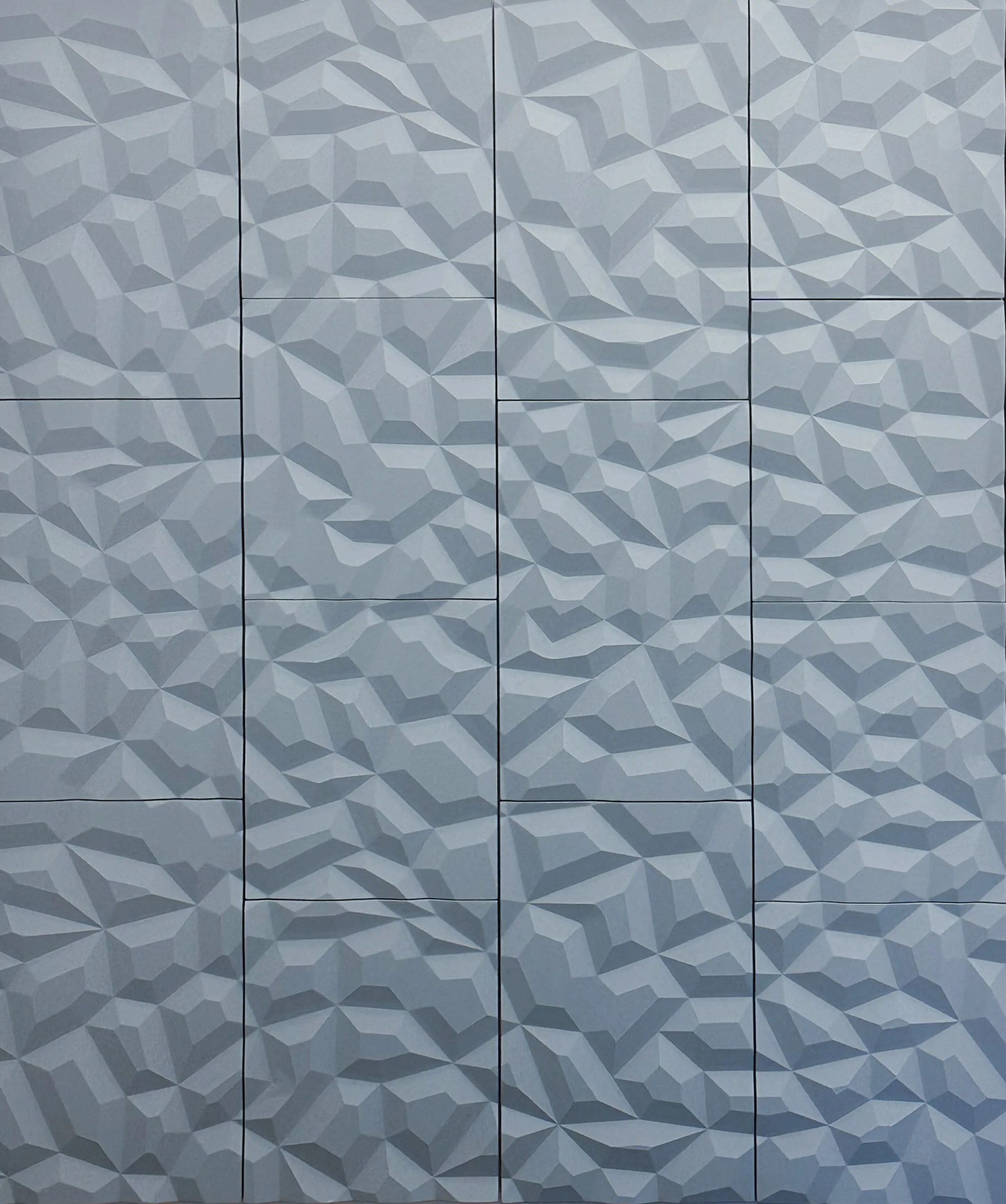 Faceted-texture locker doors in pale blue, reading as a sculpted wall