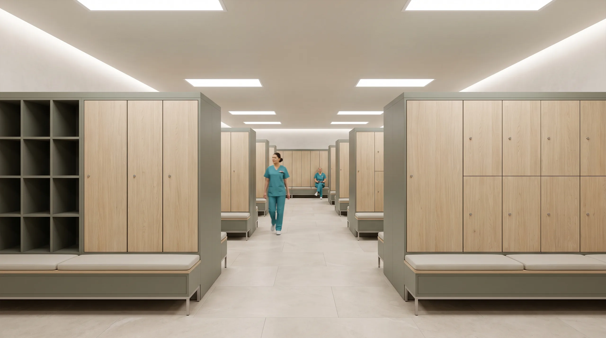 Healthcare staff storage bays in warm oak