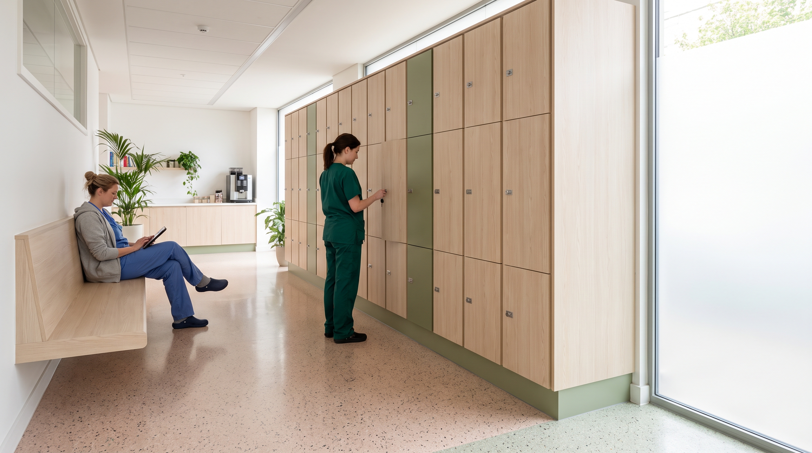 Joynn'd Healthcare, White Oak Wheaton with Verde Kitami accent panels