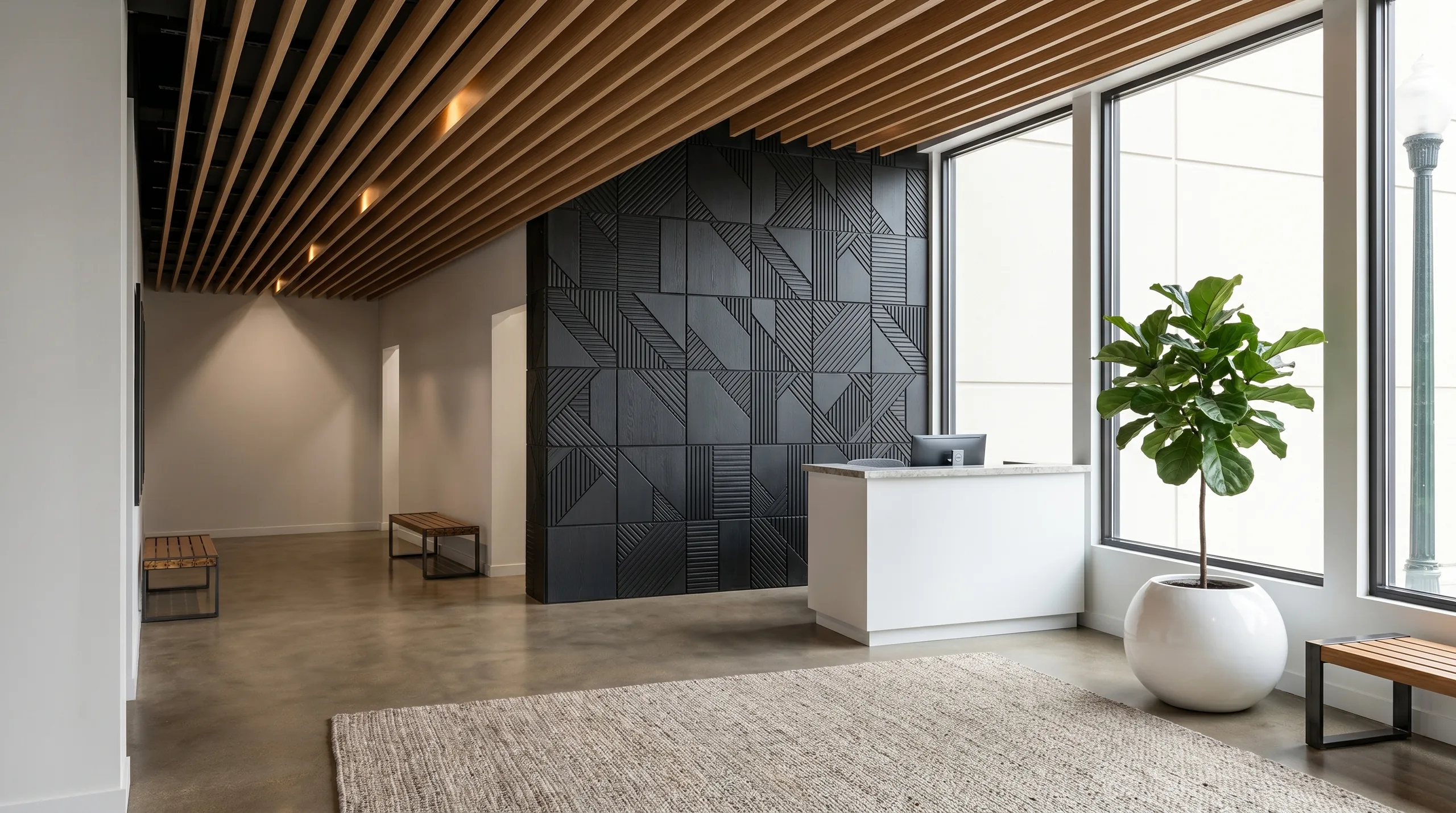 Passi dark geometric wall and linear oak baffles in boutique fitness lobby
