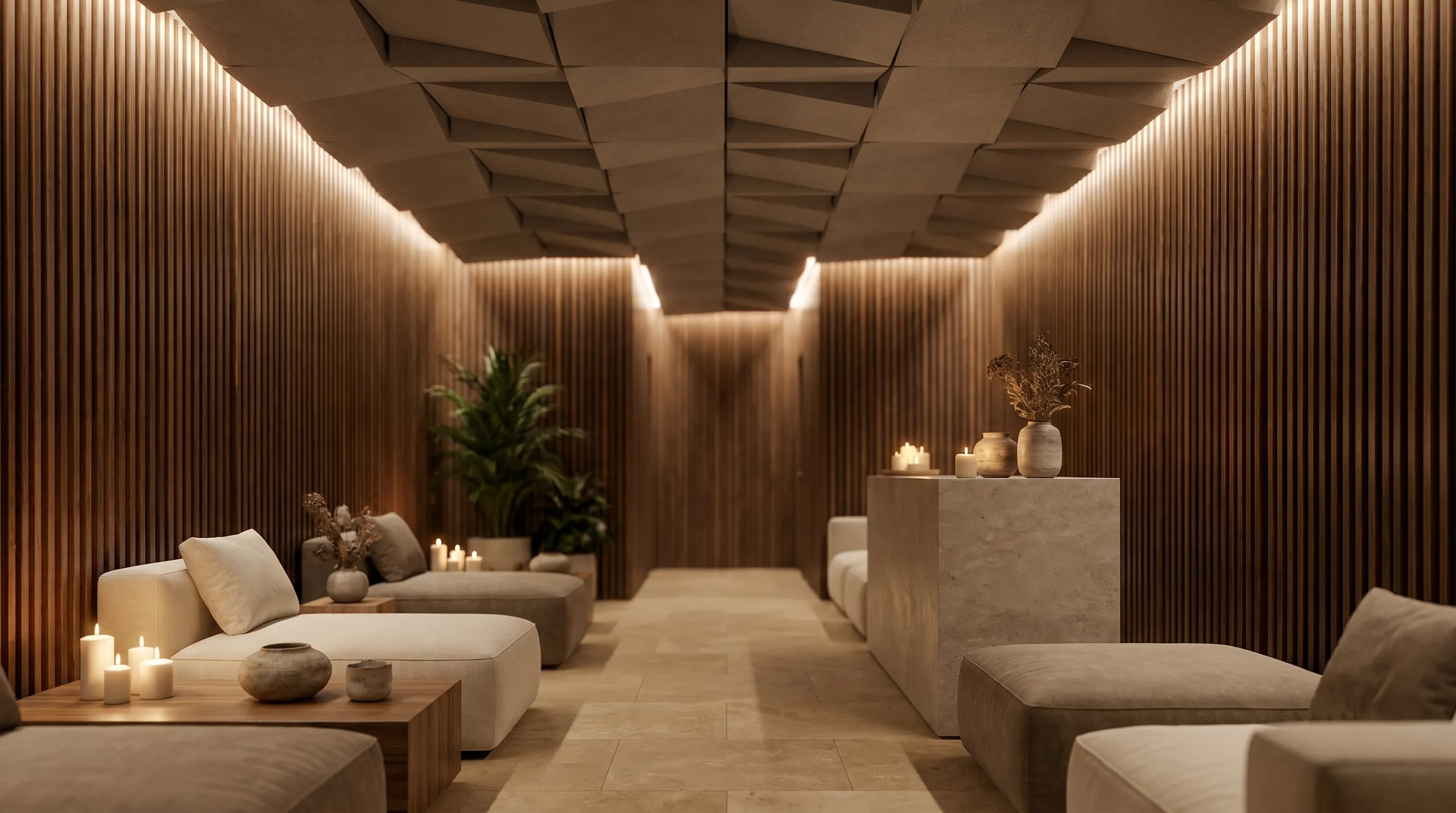 Trave wood slat wall and acoustic ceiling tiles in spa reception