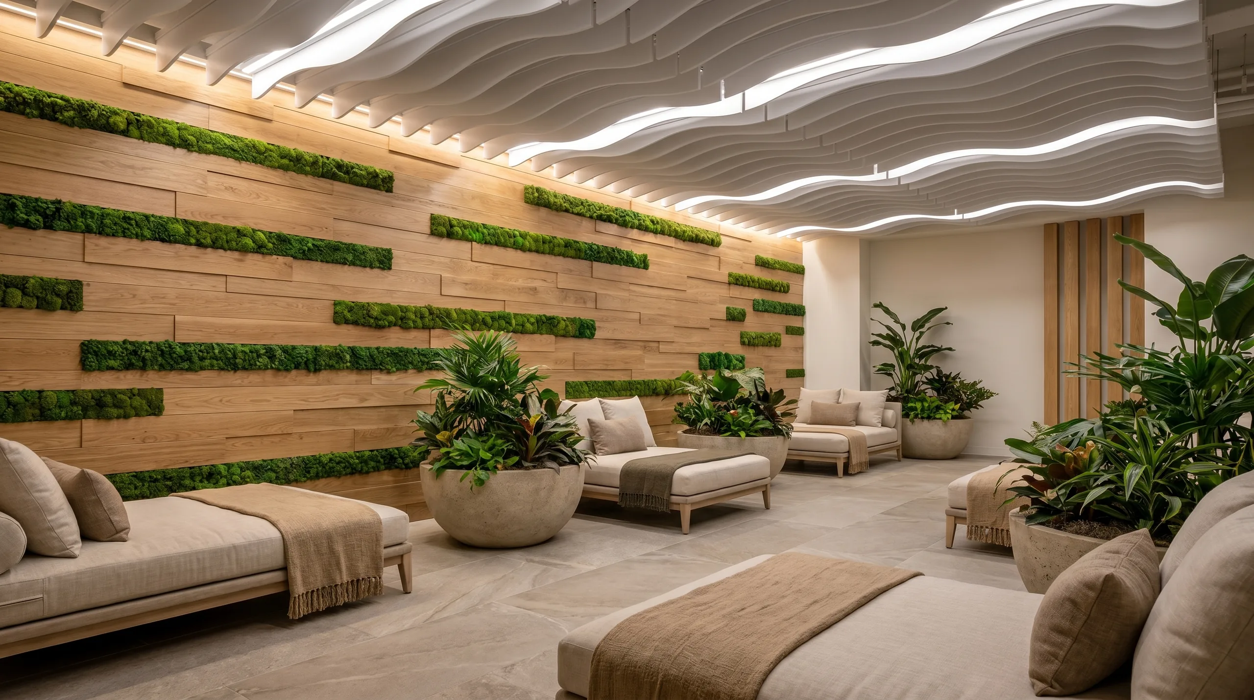 Piastra wood and moss wall with wavy baffles in spa recovery lounge