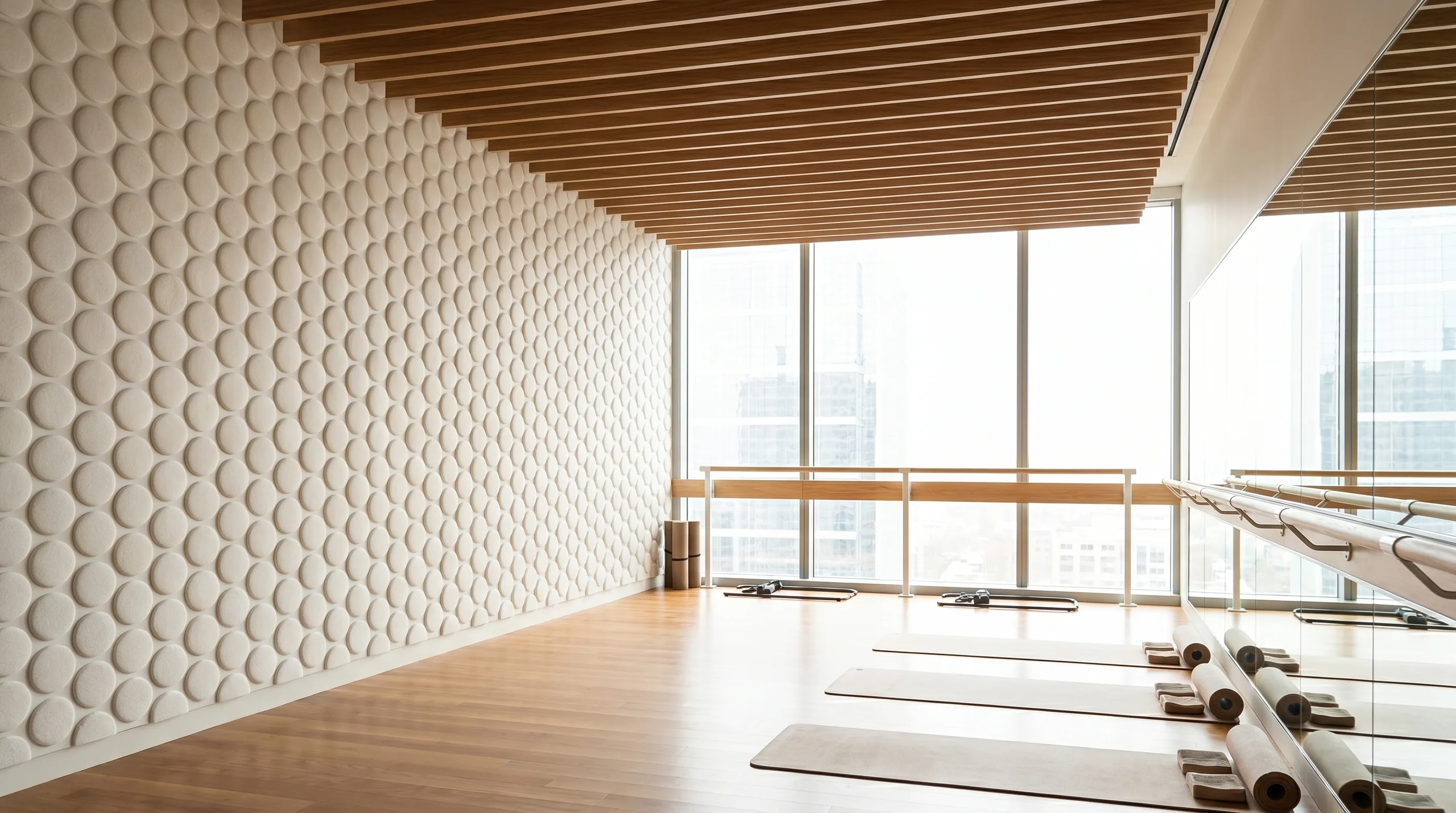 Round-dot cream acoustic wall panels and warm linear oak ceiling baffles in a premium barre and yoga studio