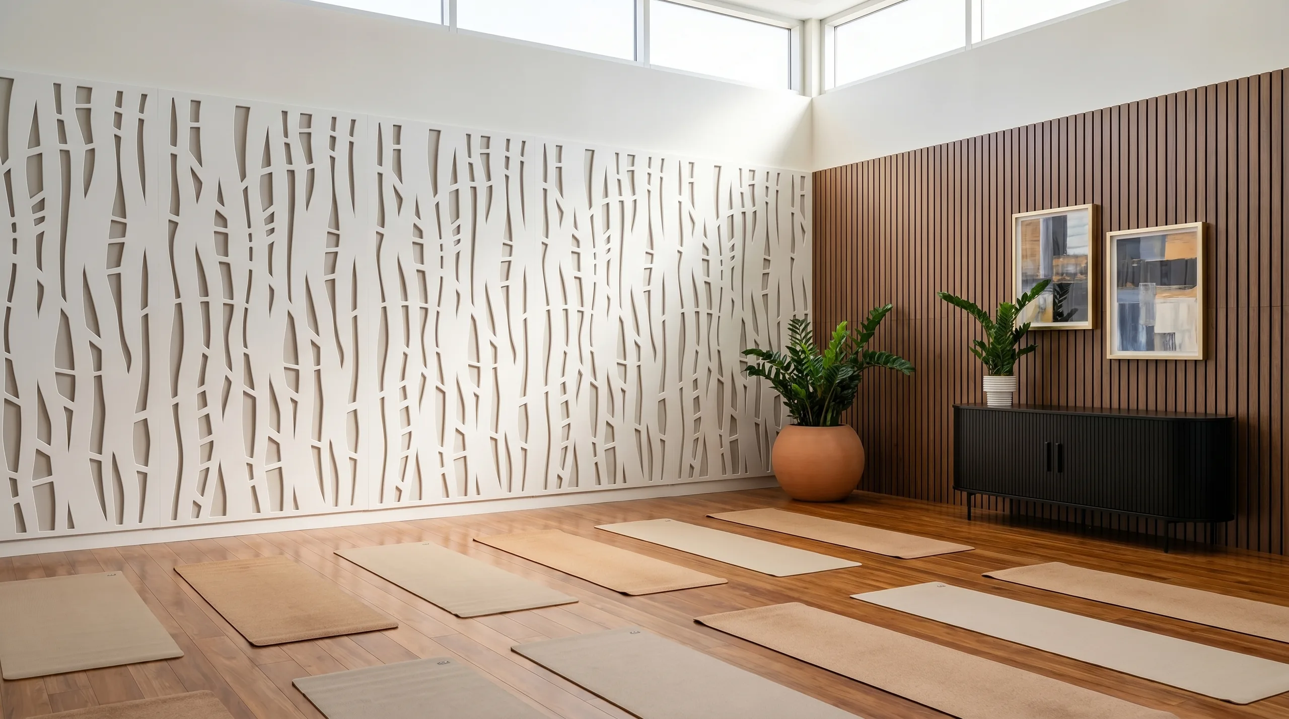 Bosco organic panels and walnut slat accent wall in yoga studio
