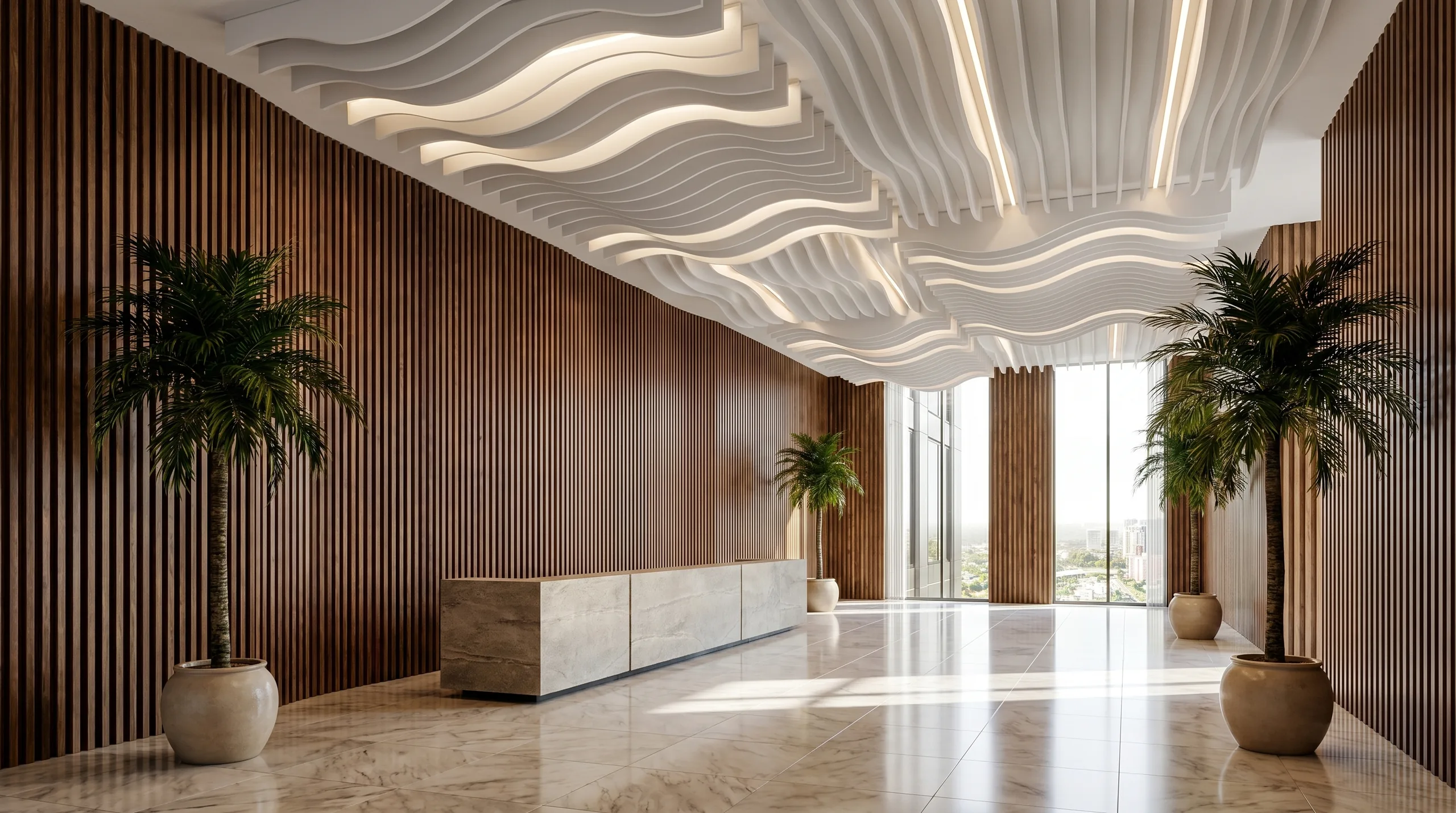 Trave wood slat walls and wavy ceiling baffles in grand hotel lobby
