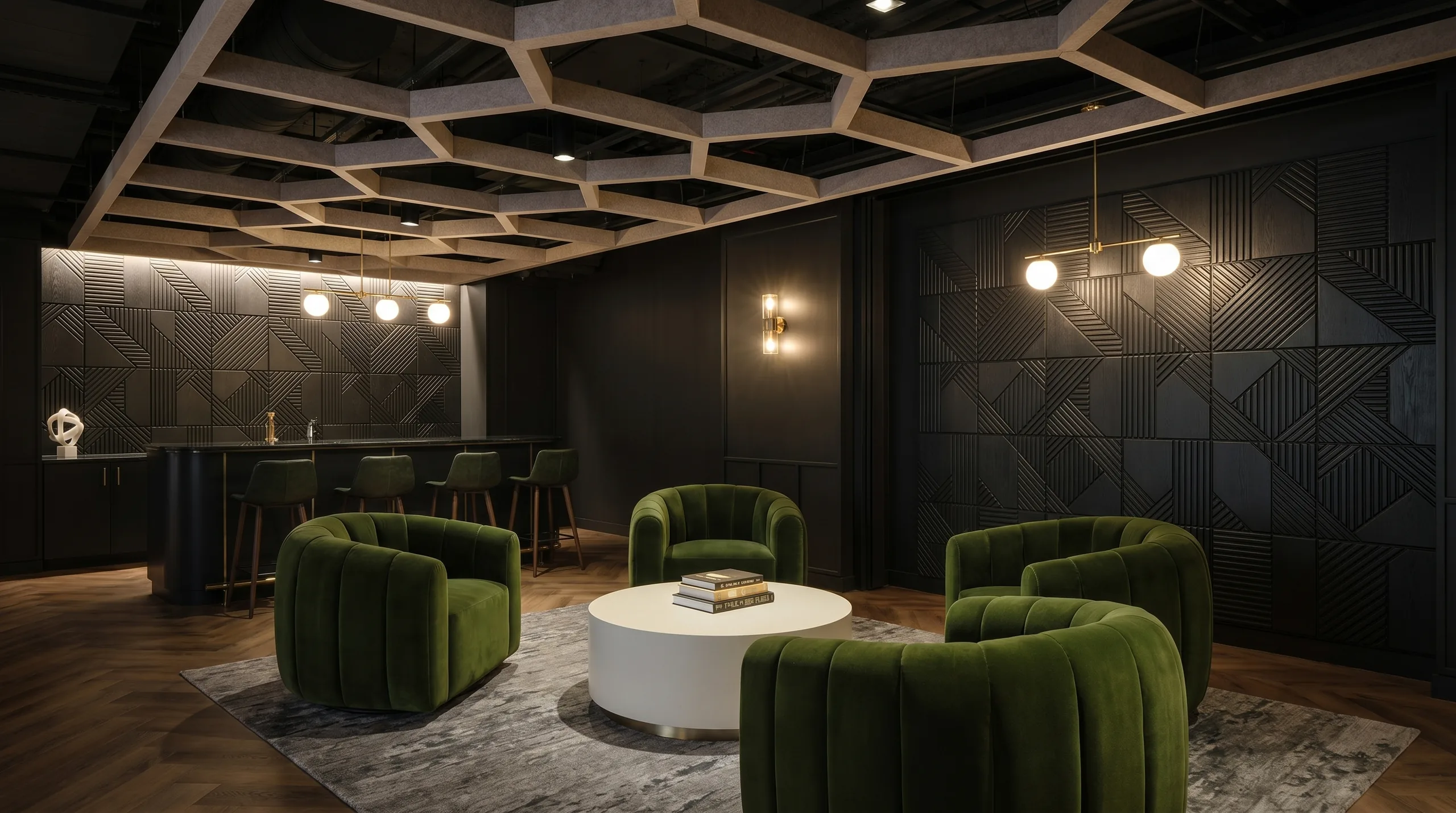 Hexagonal acoustic ceiling and dark geometric wall panels in luxury hotel lounge