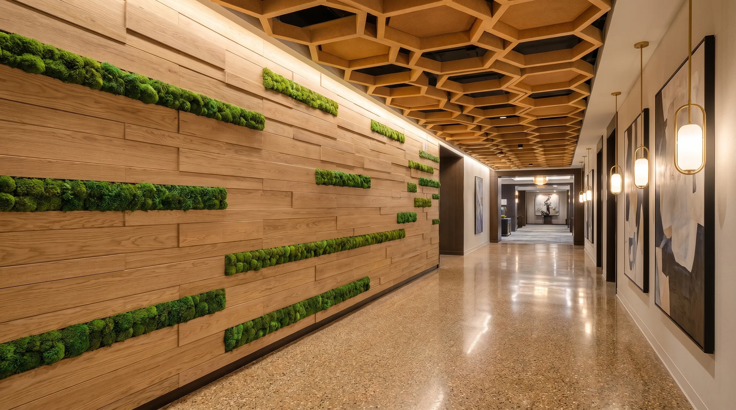Piastra wood and moss wall with hexagonal ceiling baffles in hotel corridor