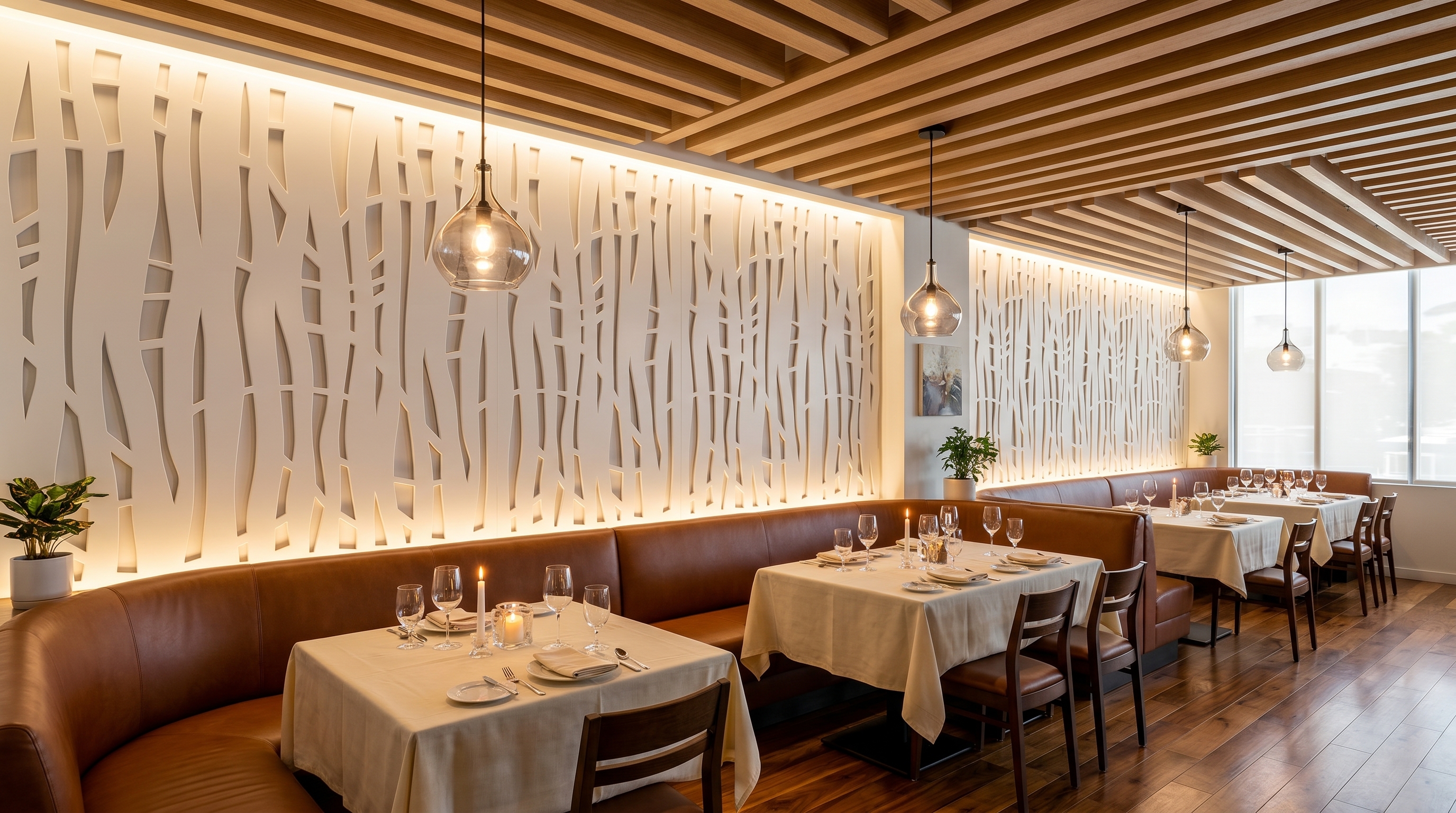 Bosco organic panels and linear oak baffles in upscale hotel restaurant
