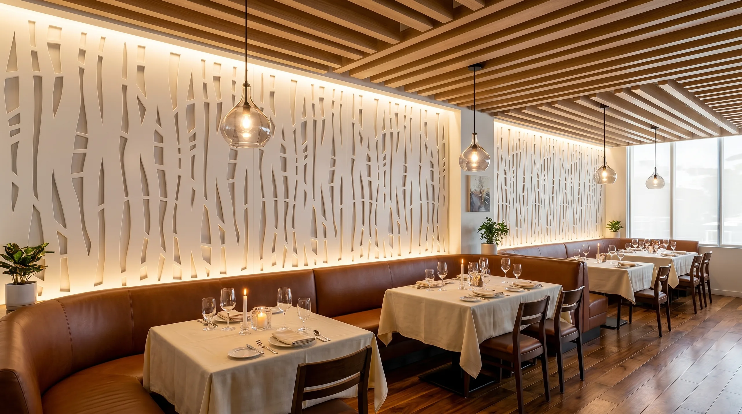 Bosco organic panels and linear oak baffles in upscale hotel restaurant