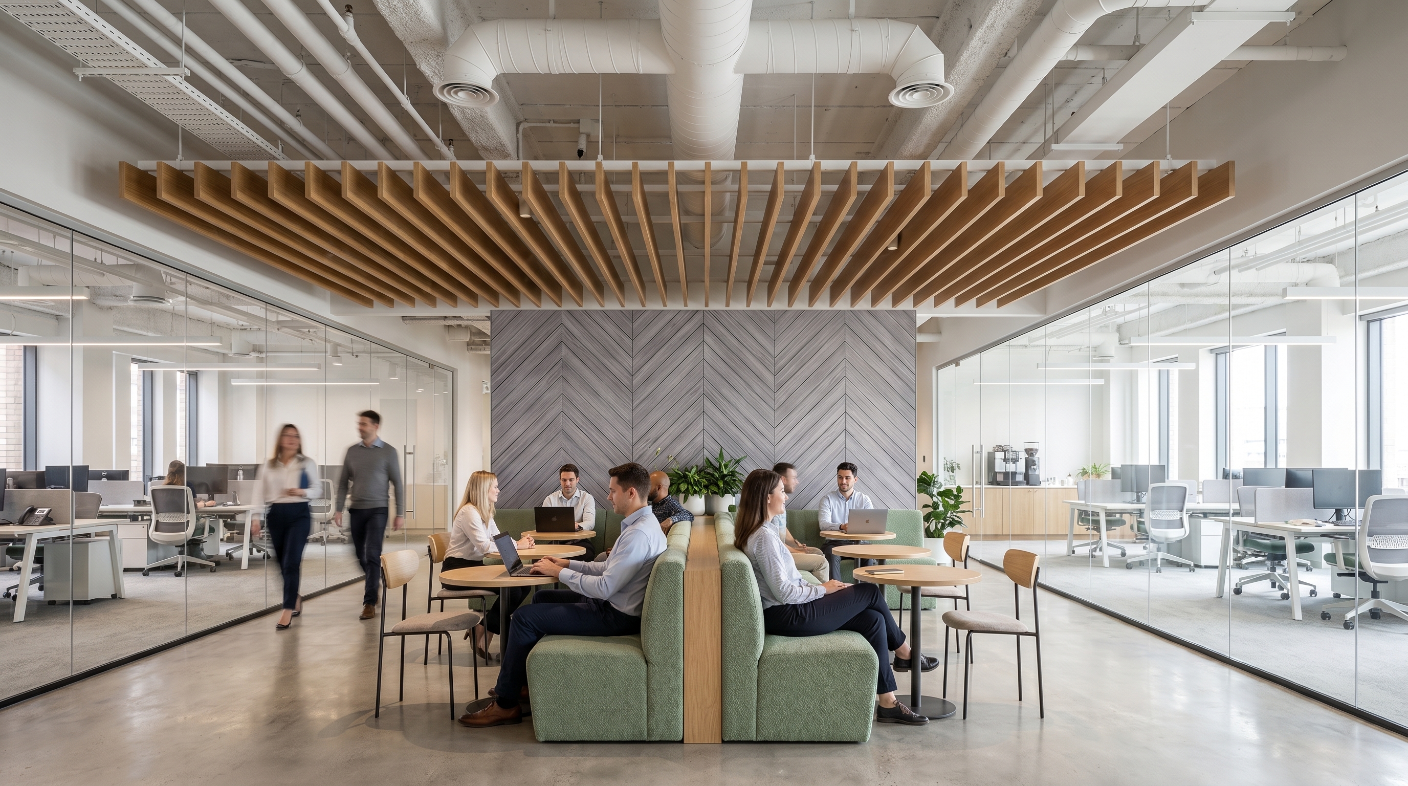 Chevron herringbone acoustic wall panels and warm linear oak baffles in a glass-walled office breakout zone
