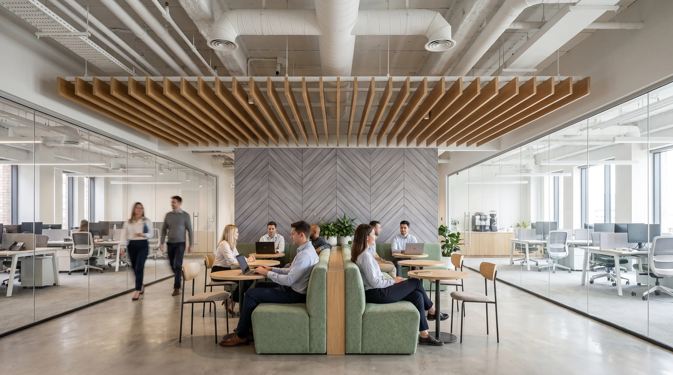 Chevron herringbone acoustic wall panels and warm linear oak baffles in a glass-walled office breakout zone