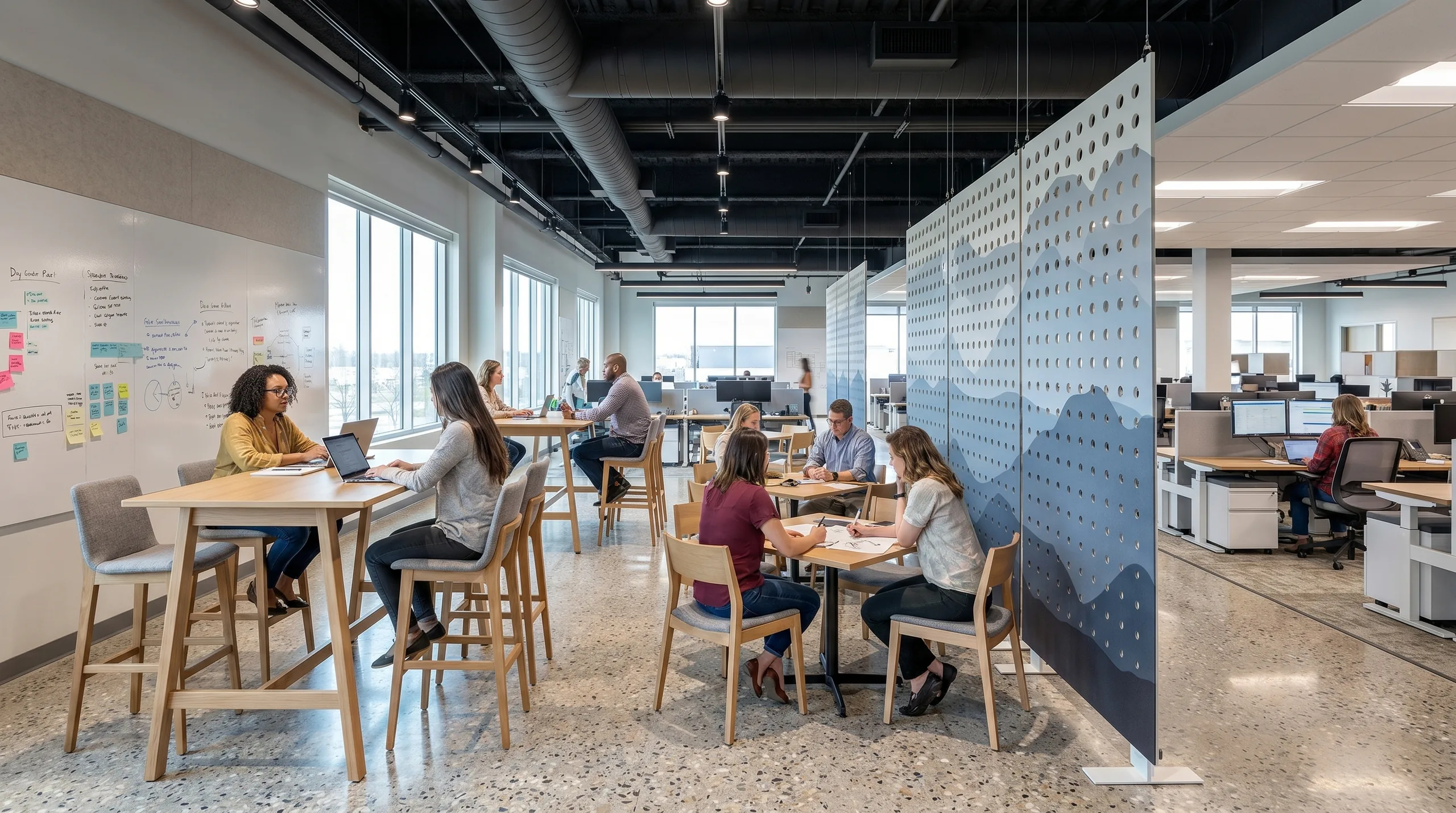 Perforated acoustic room-divider panels with printed gradient pattern separating collaboration zone from open office floor