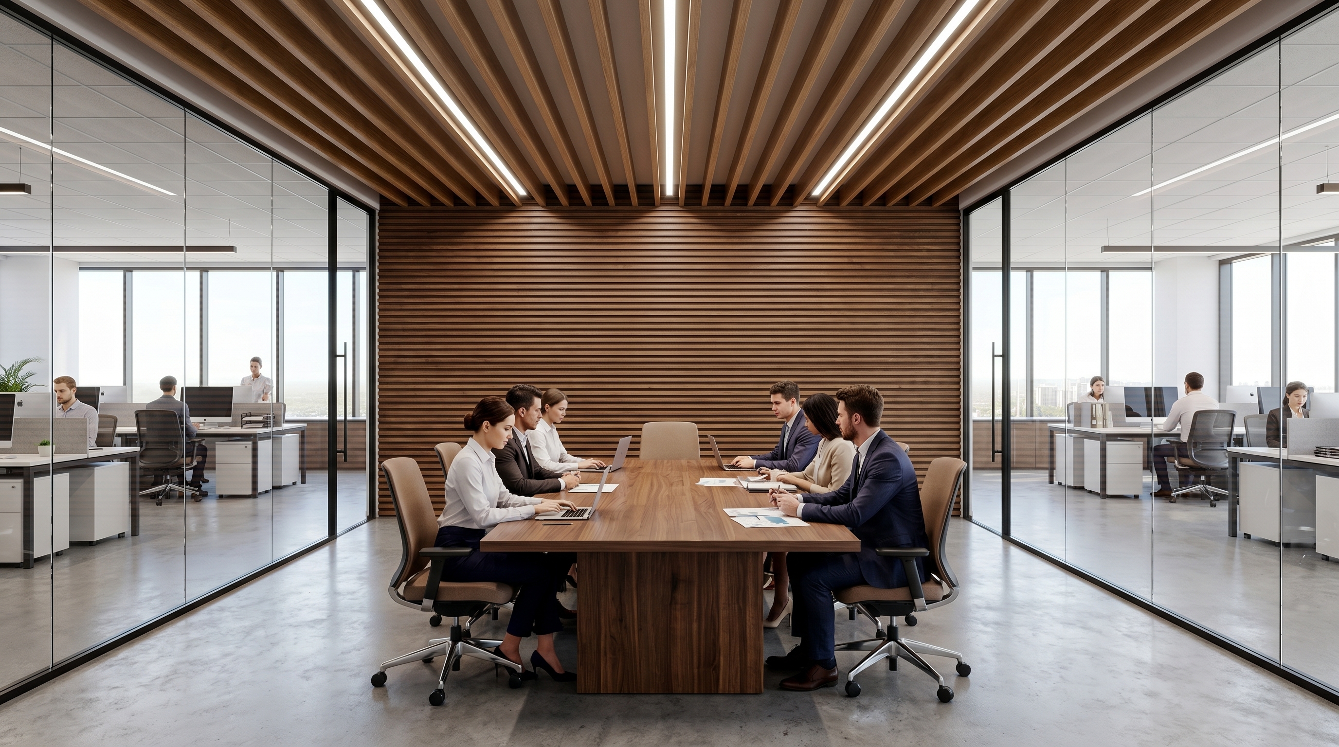 Horizontal walnut wood slat wall and linear oak ceiling baffles in a glass-walled corporate meeting room