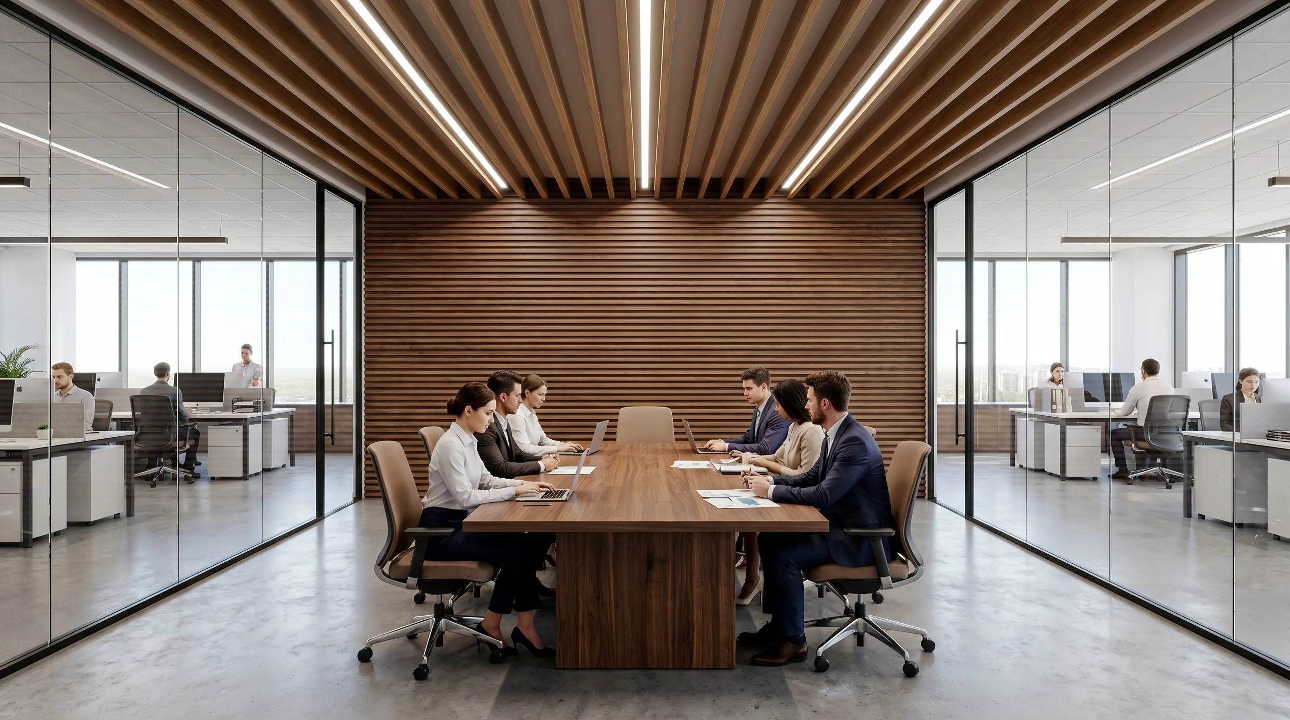 Horizontal walnut wood slat wall and linear oak ceiling baffles in a glass-walled corporate meeting room