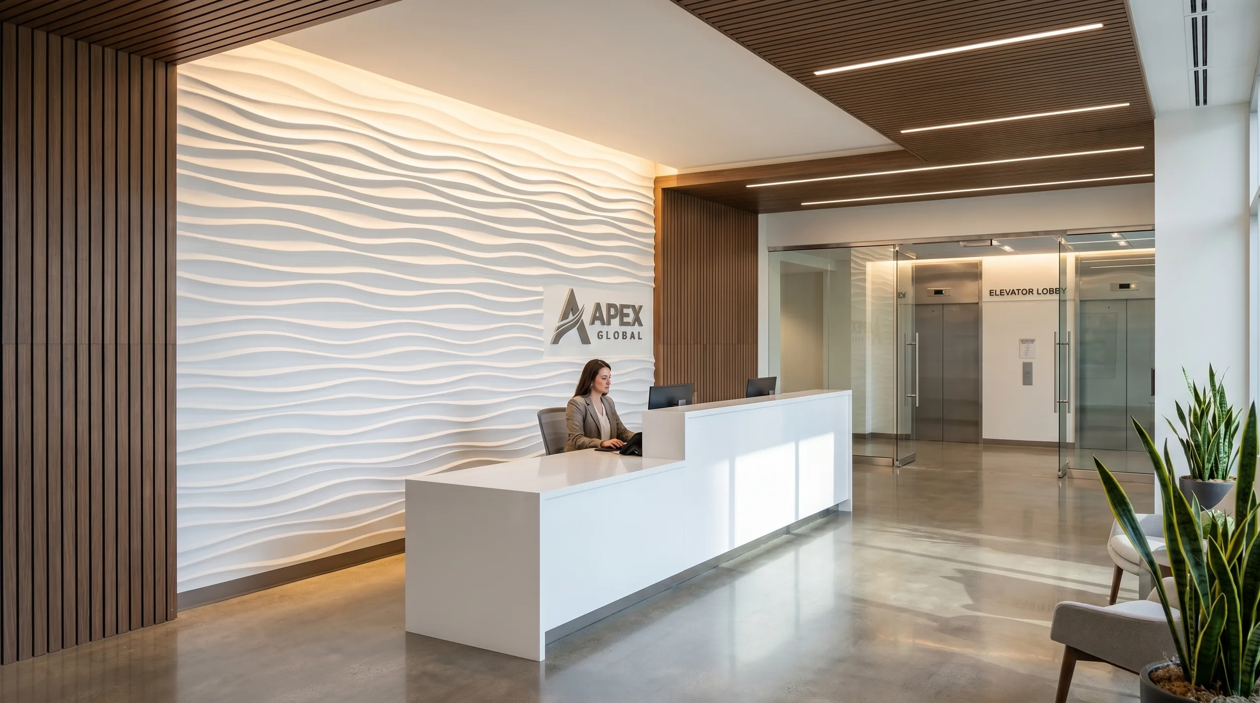 Sculptural wavy 3D white wall panels with walnut slat cladding in a corporate workplace reception lobby