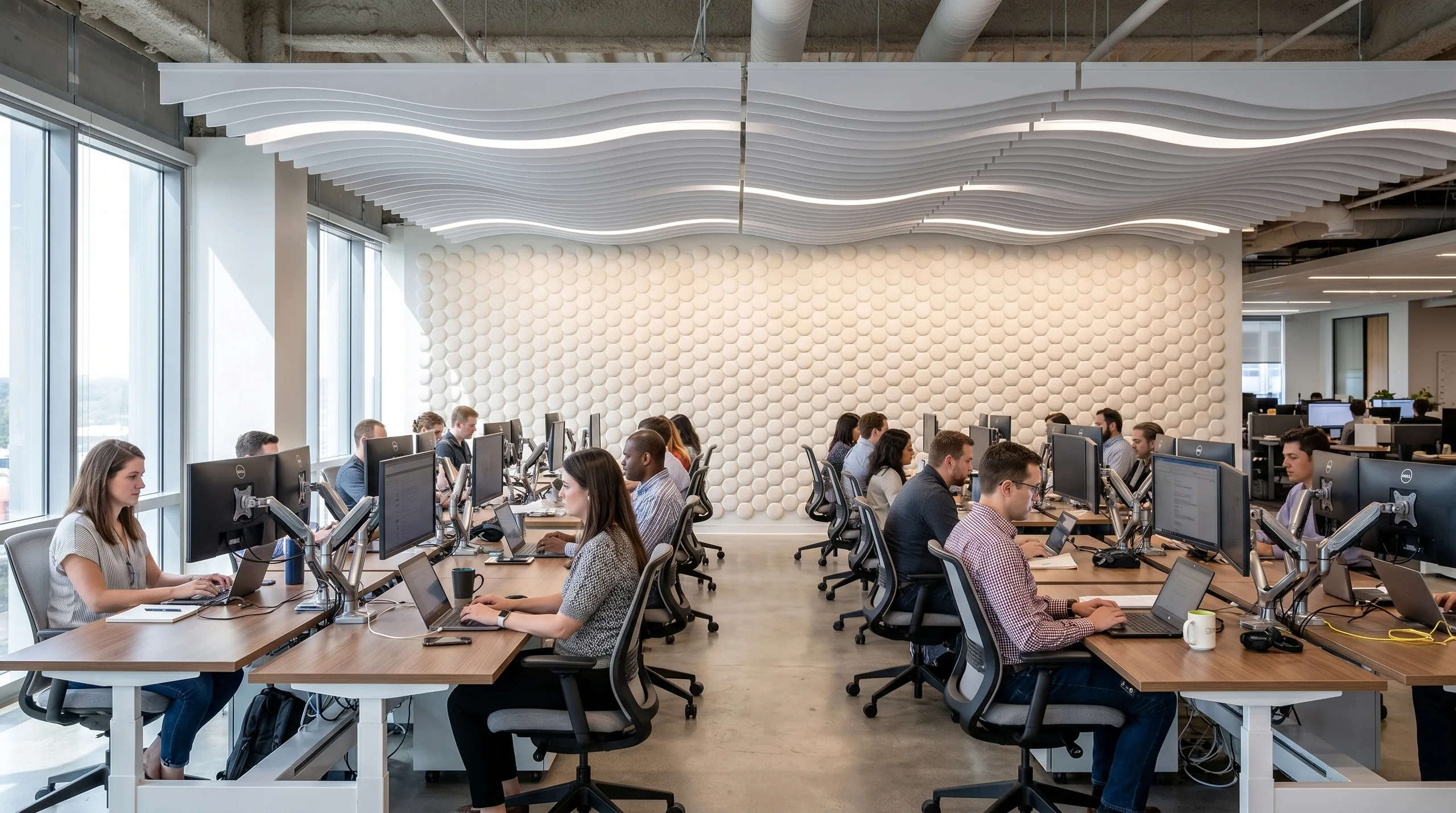 Round-dot acoustic wall panel and wavy ceiling baffles above open plan workstations
