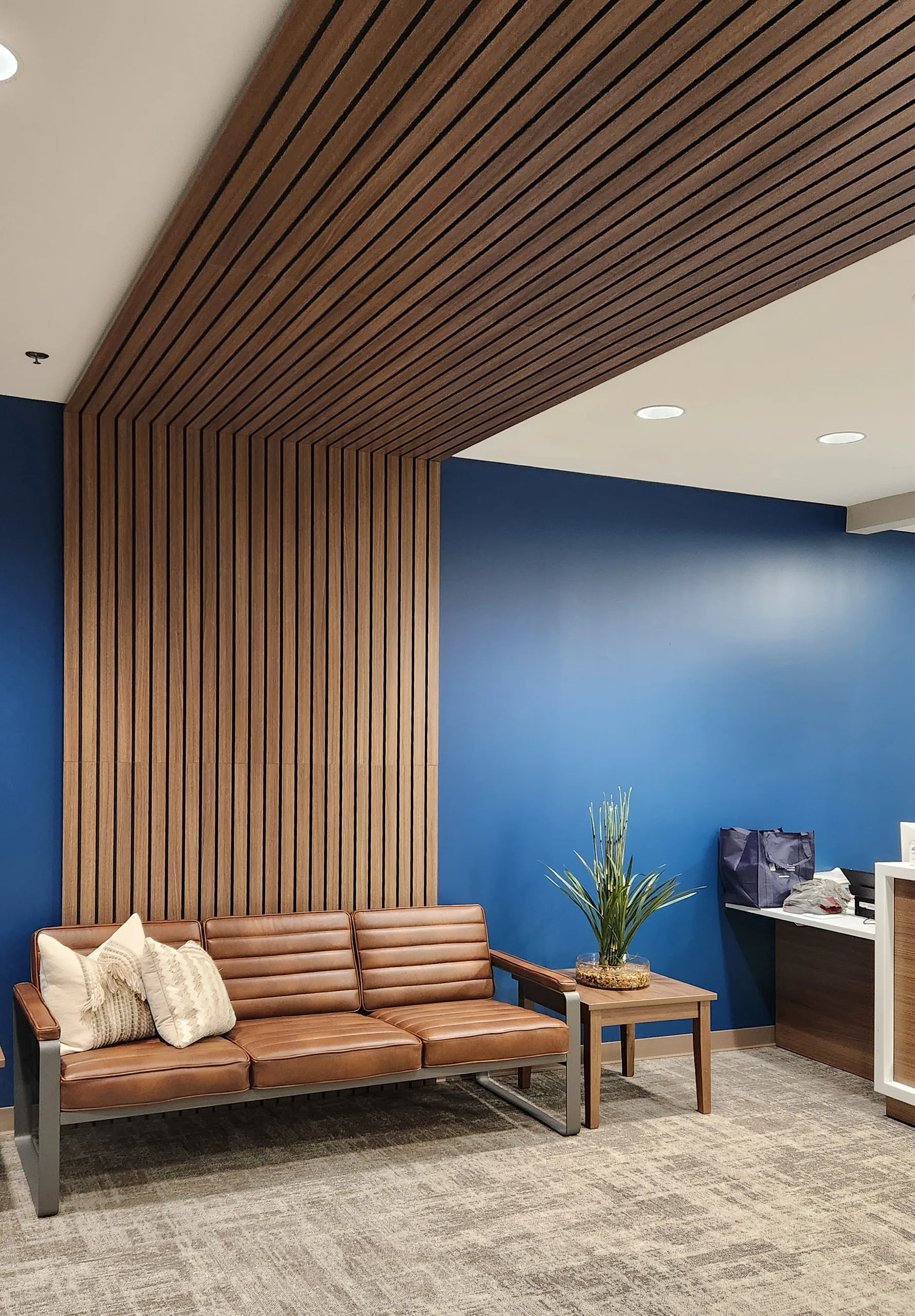Warm walnut vertical slat cladding wrapping wall and ceiling in reception