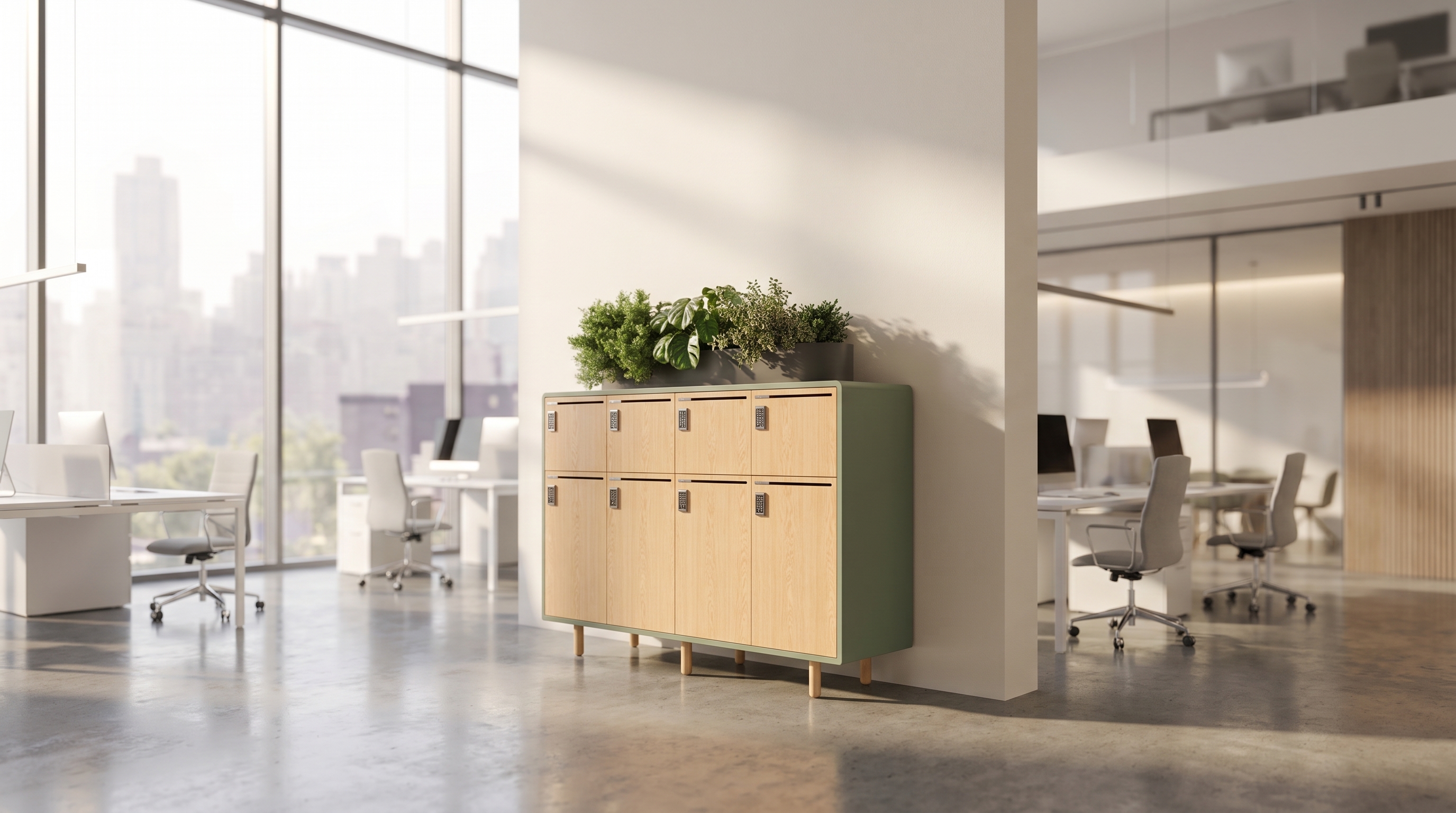 Arraya locker system in an open office