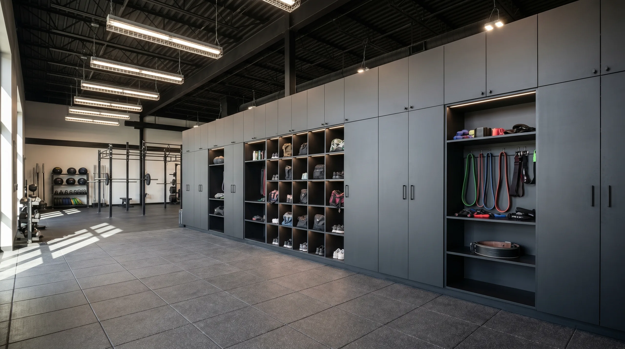 Dark charcoal casework gear wall in functional fitness facility