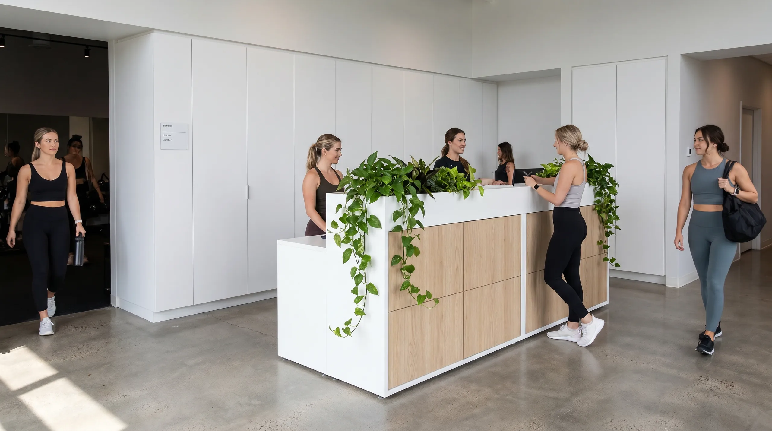 Planter-top integrated storage in a boutique fitness lobby