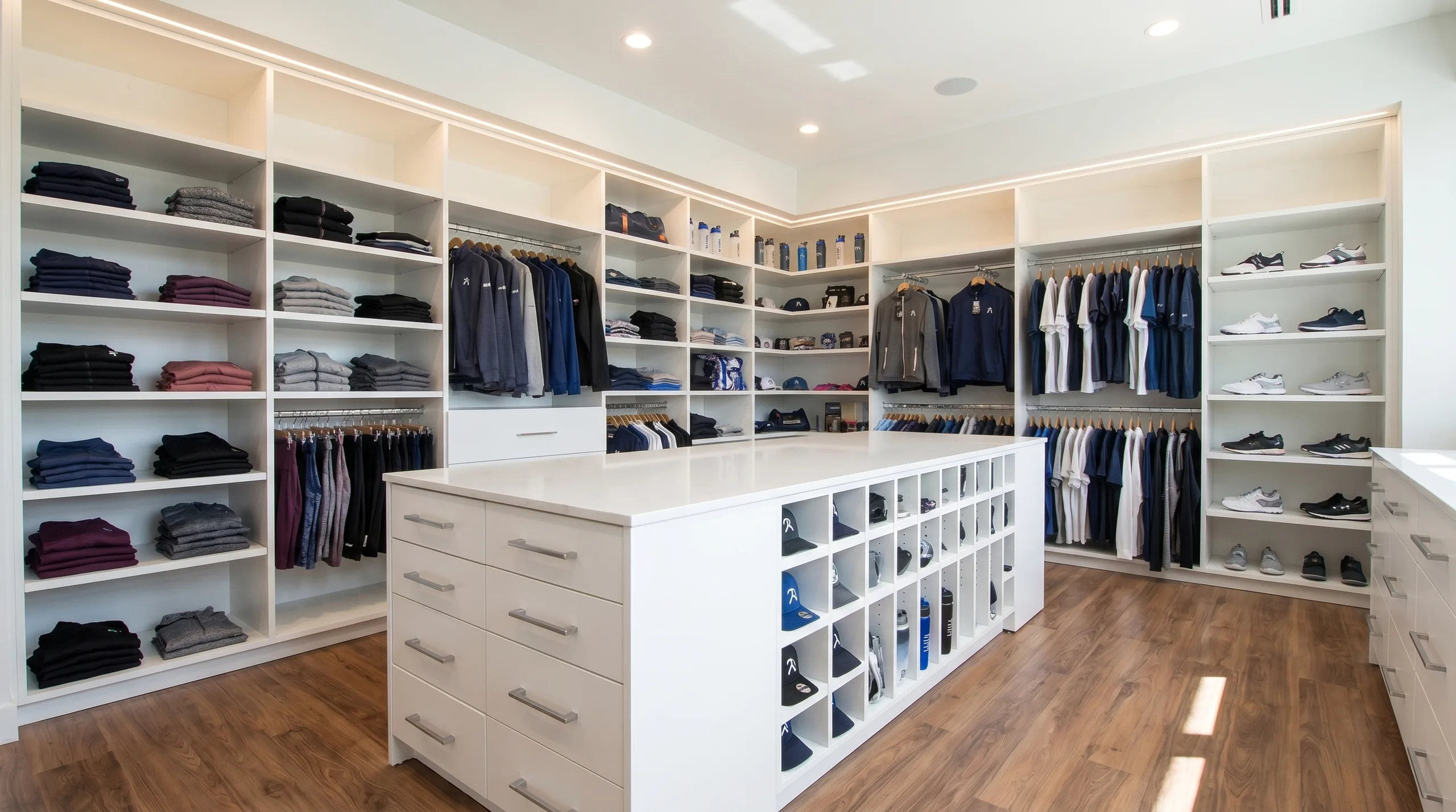 Full-wall display casework in boutique fitness pro shop