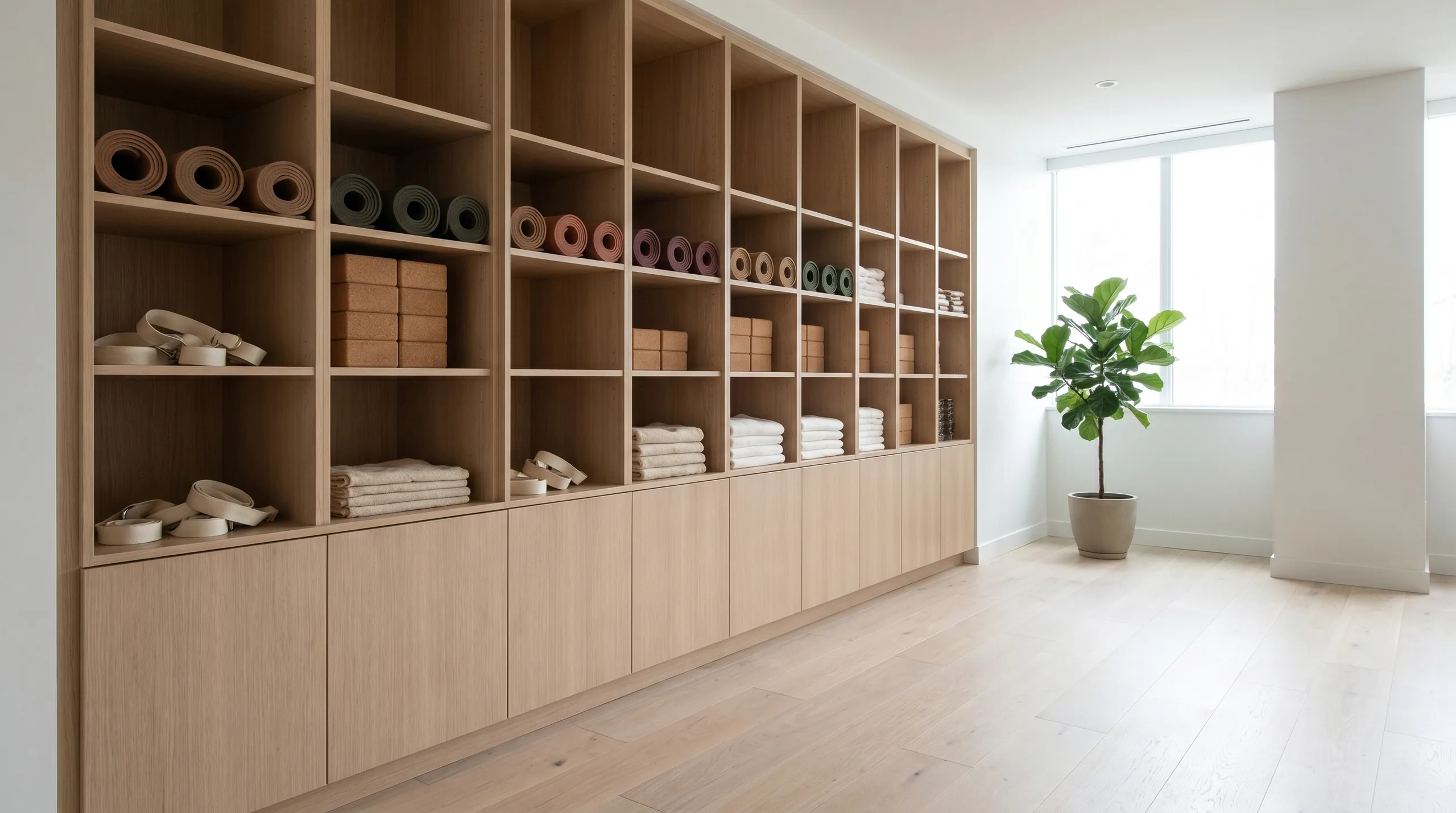 Oak yoga prop casework wall