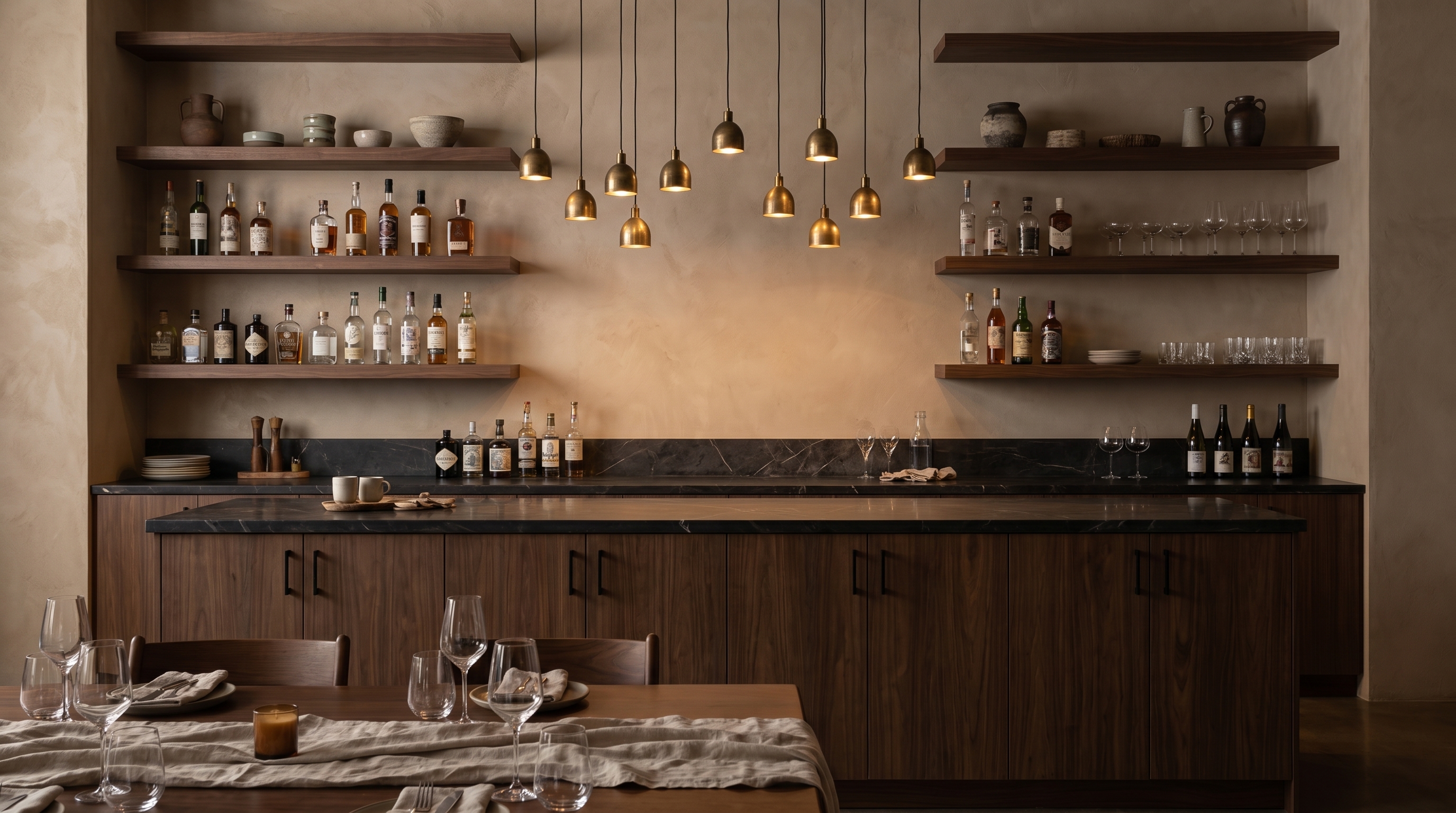 Moody restaurant back bar with walnut casework and shelves