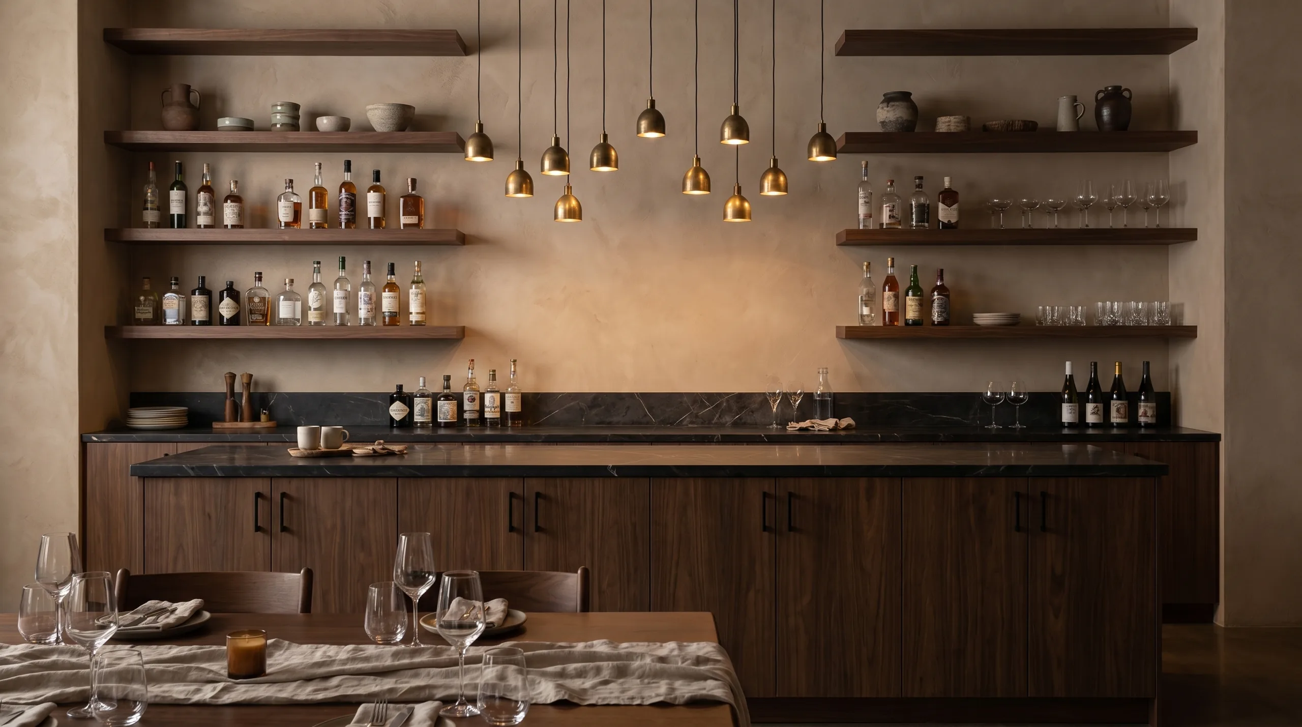 Moody restaurant back bar with walnut casework and shelves