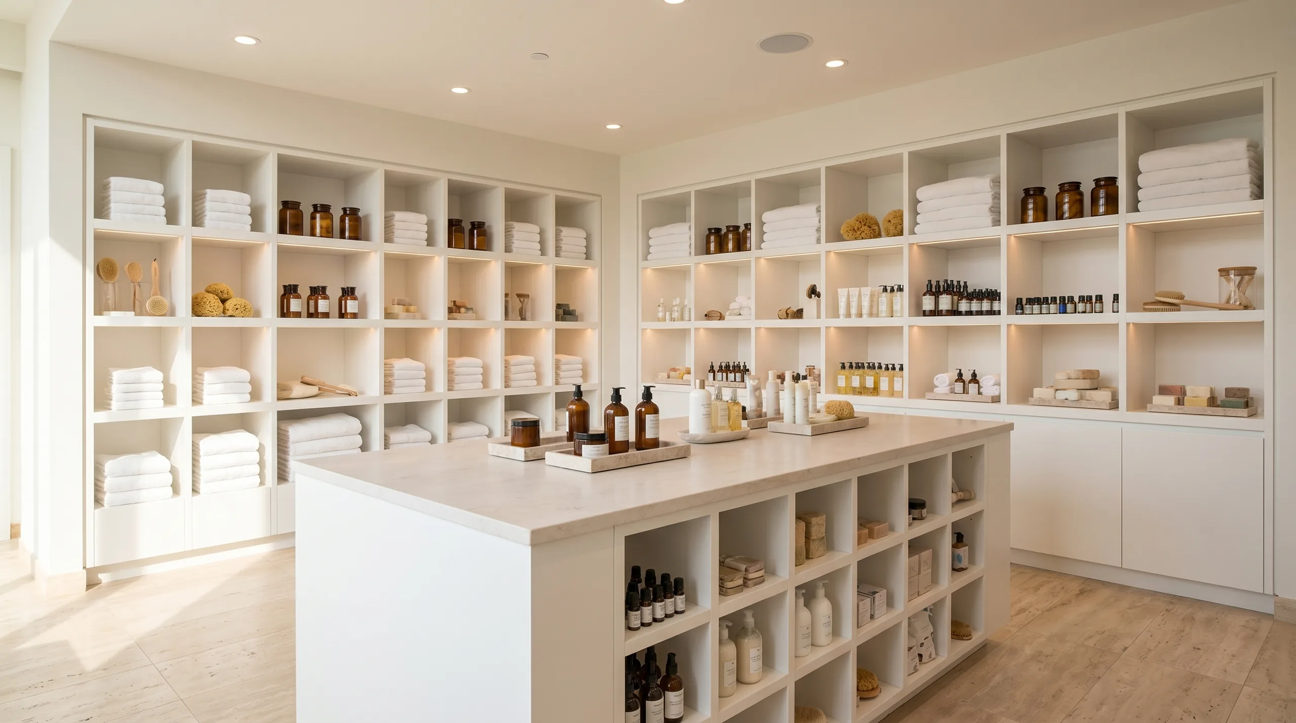 White spa retail casework and island