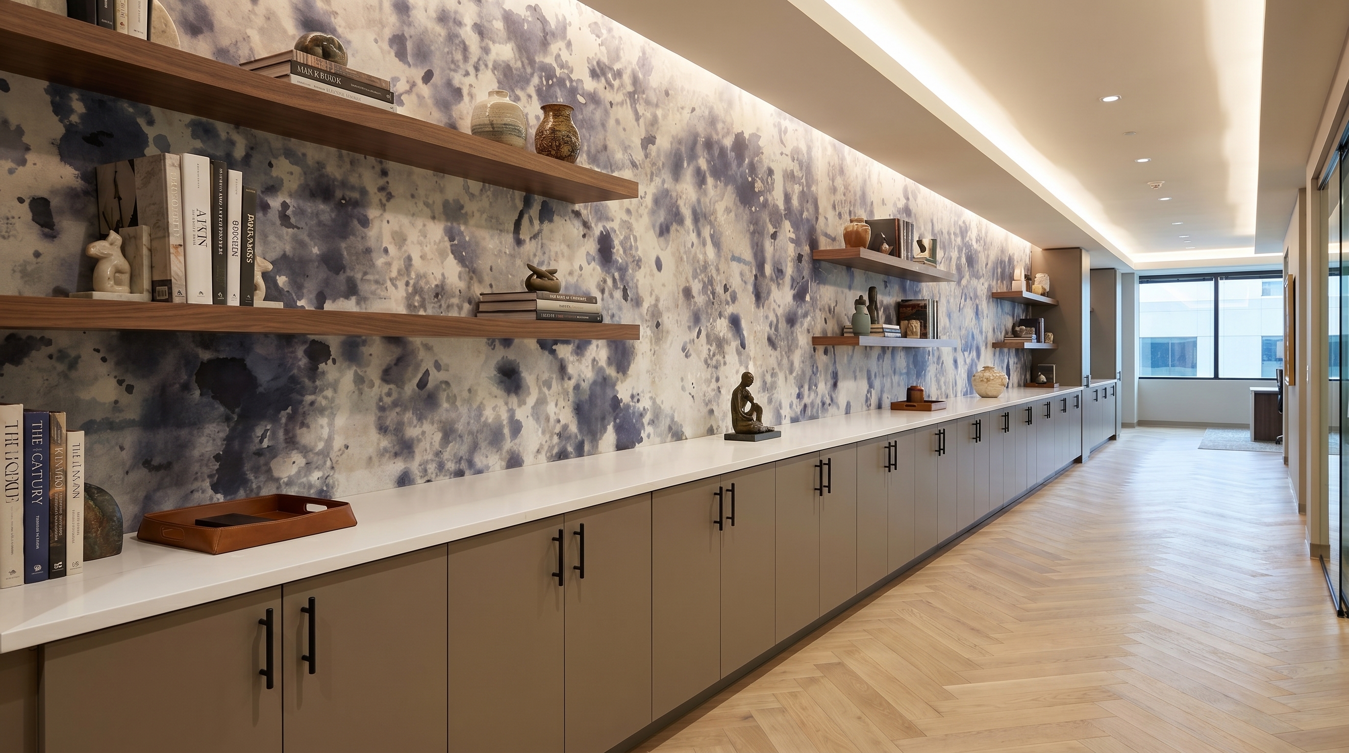 Executive office corridor with taupe casework wall run