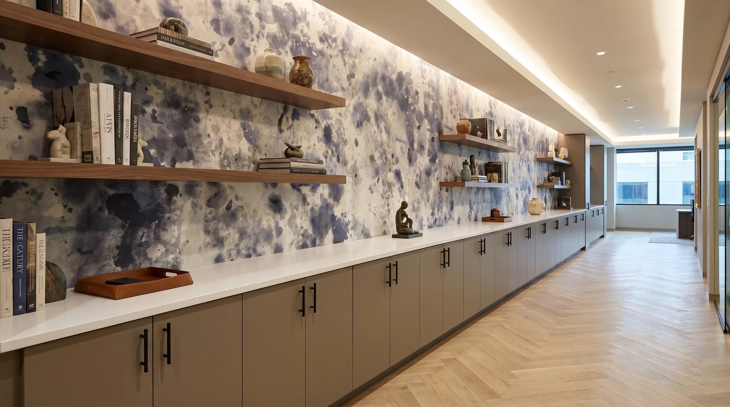 Executive office corridor with taupe casework wall run
