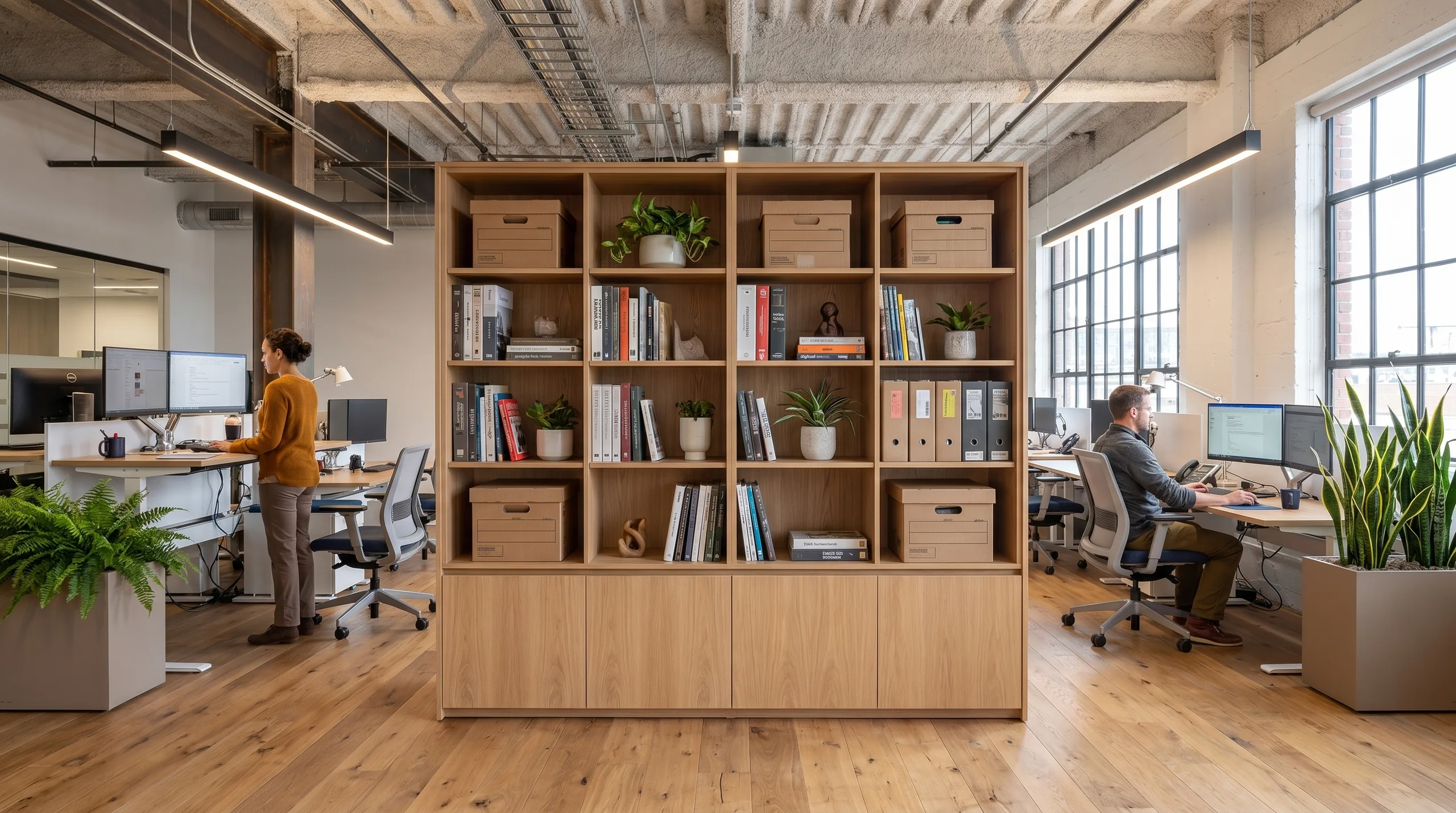 Double-sided casework divider in open-plan office