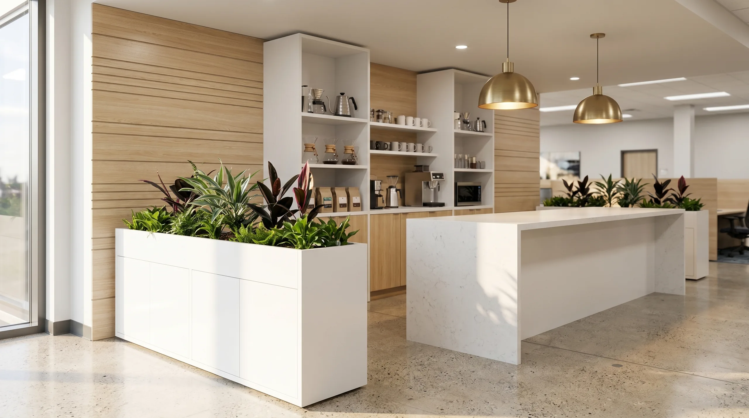 Office pantry with reveal panel wall and planter casework