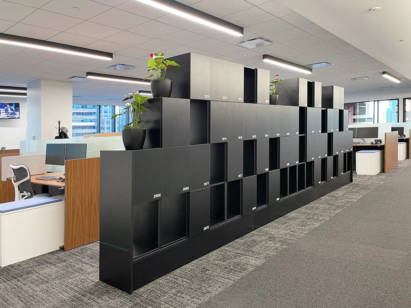 City-Scape locker zone divider in open-plan corporate office