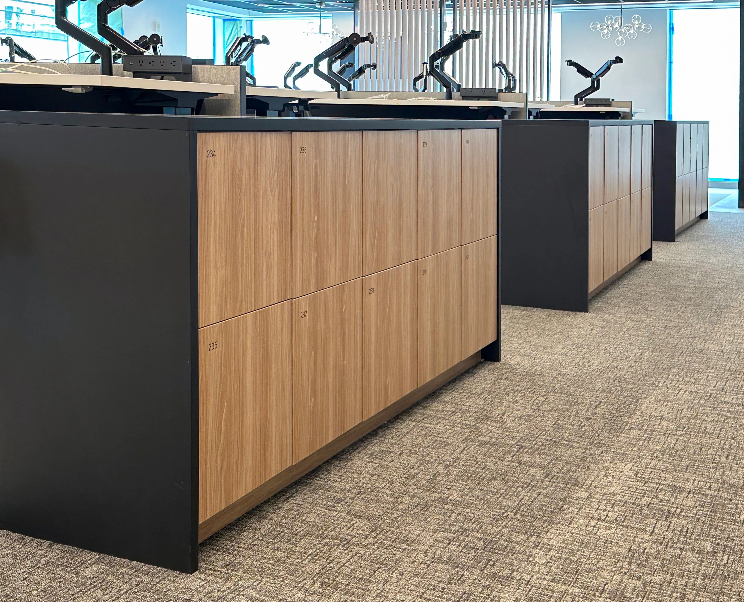 End-cap locker configuration in open-plan media company office
