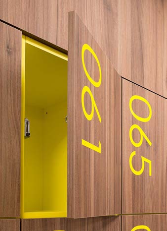 Inspiration reference: walnut locker doors with yellow interior reveal