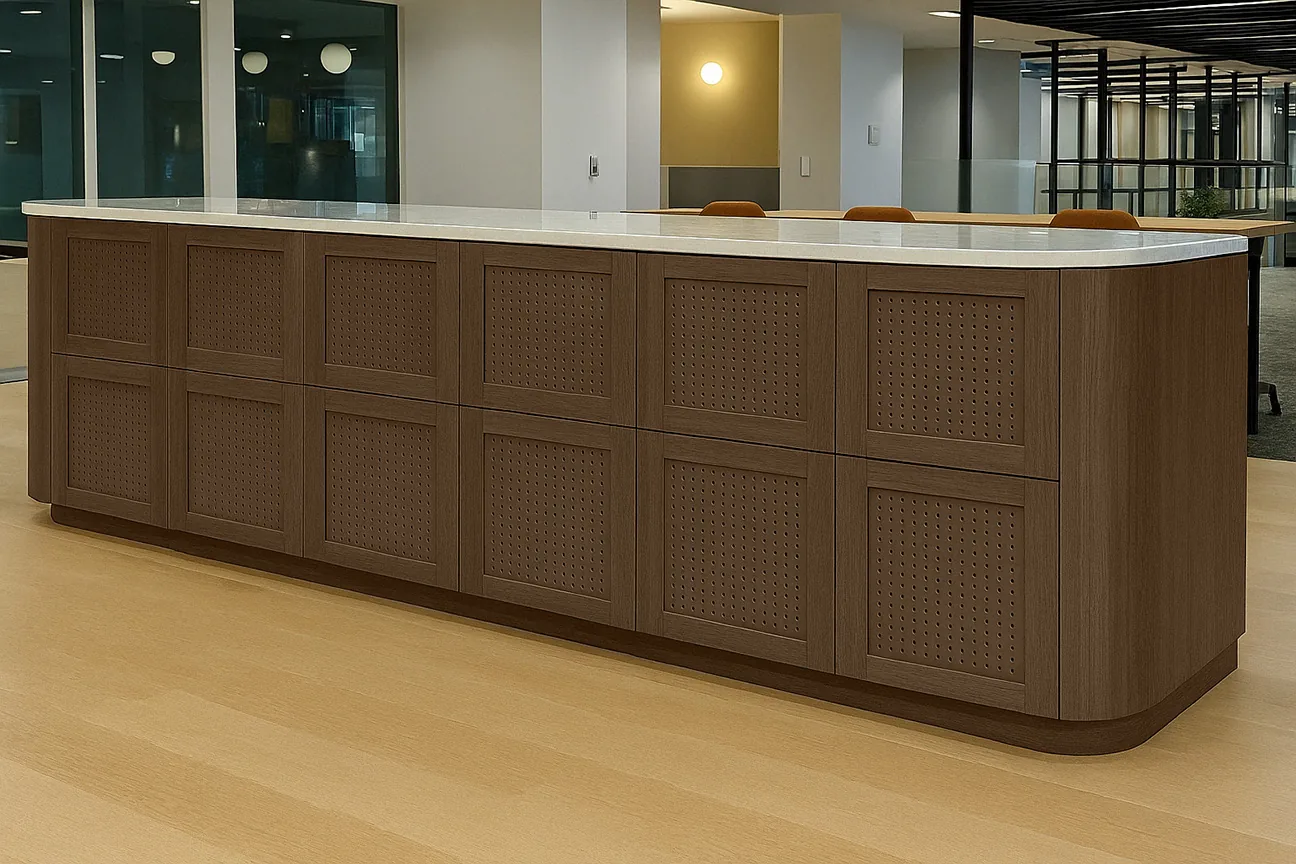 Door rendering: perforated acoustic inset, walnut frame