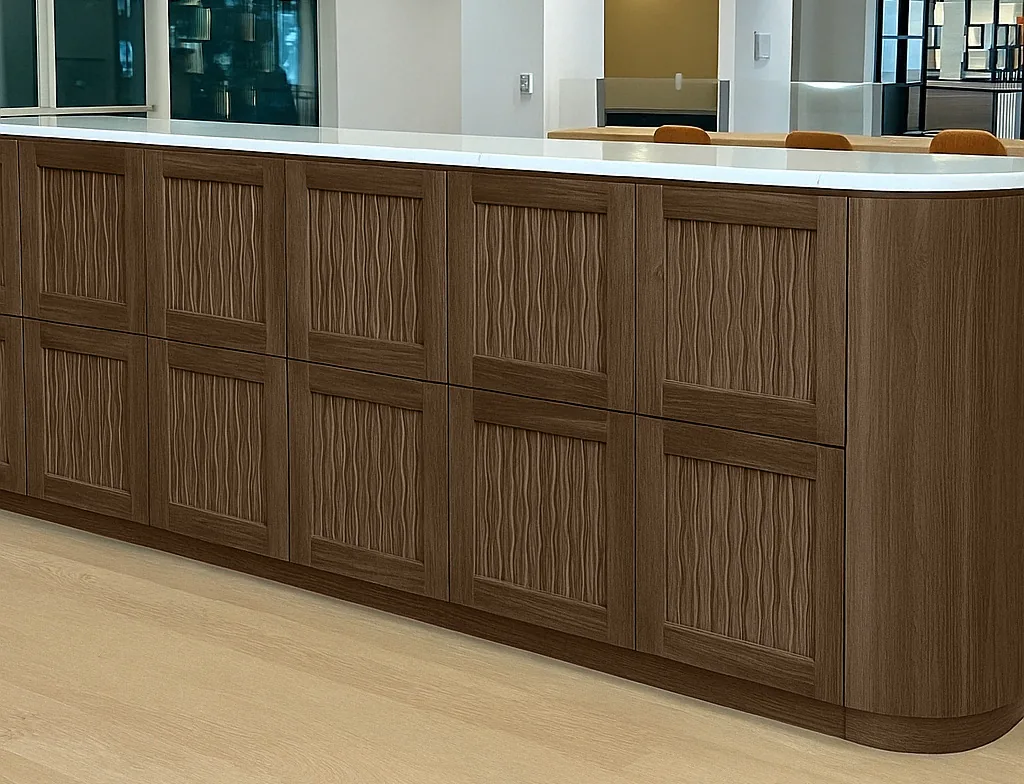 Door rendering: rattan profile, walnut inset, white marble top