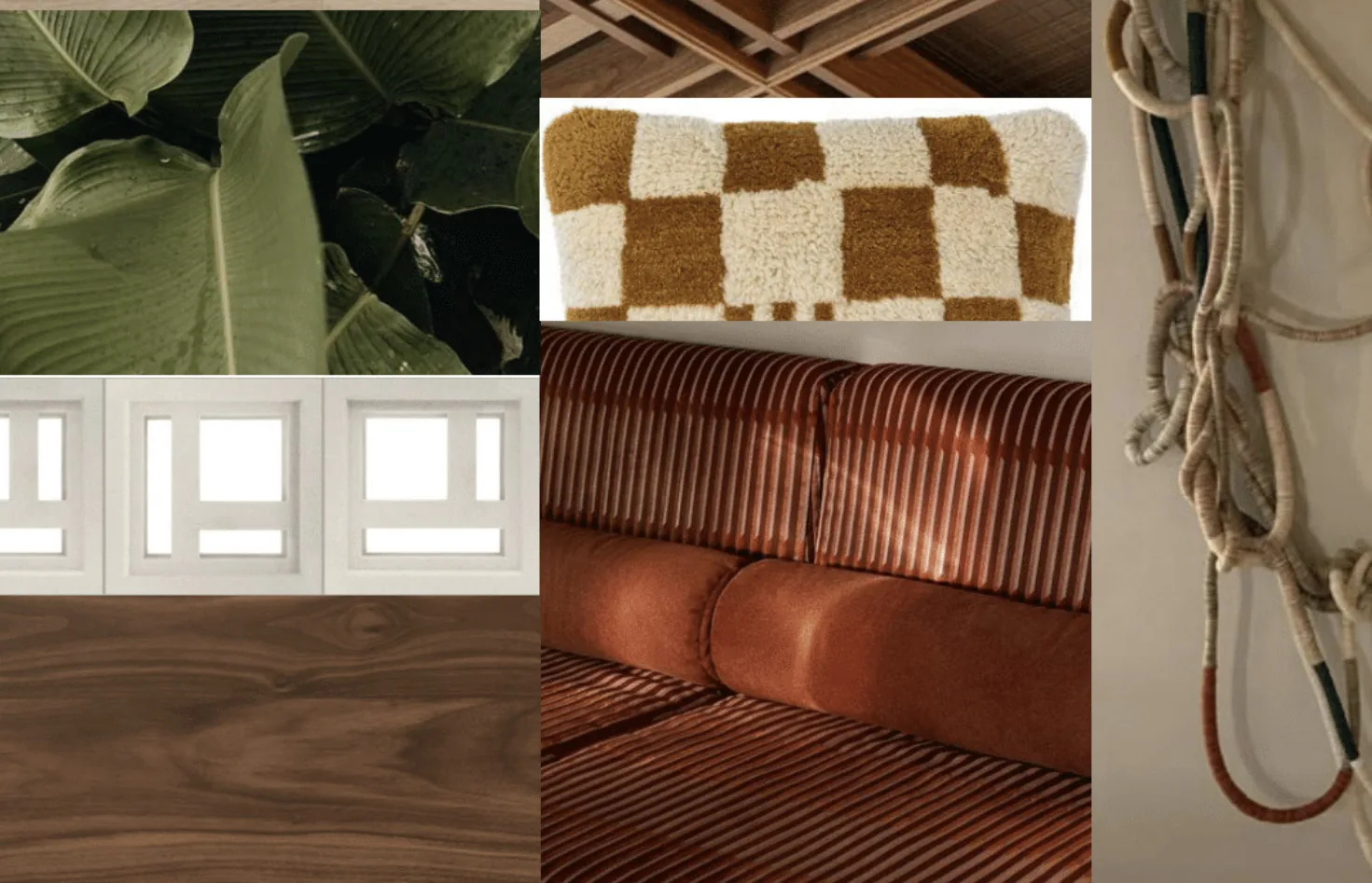 Design mood board: plants, shaker profile, walnut, checkerboard, rope textures