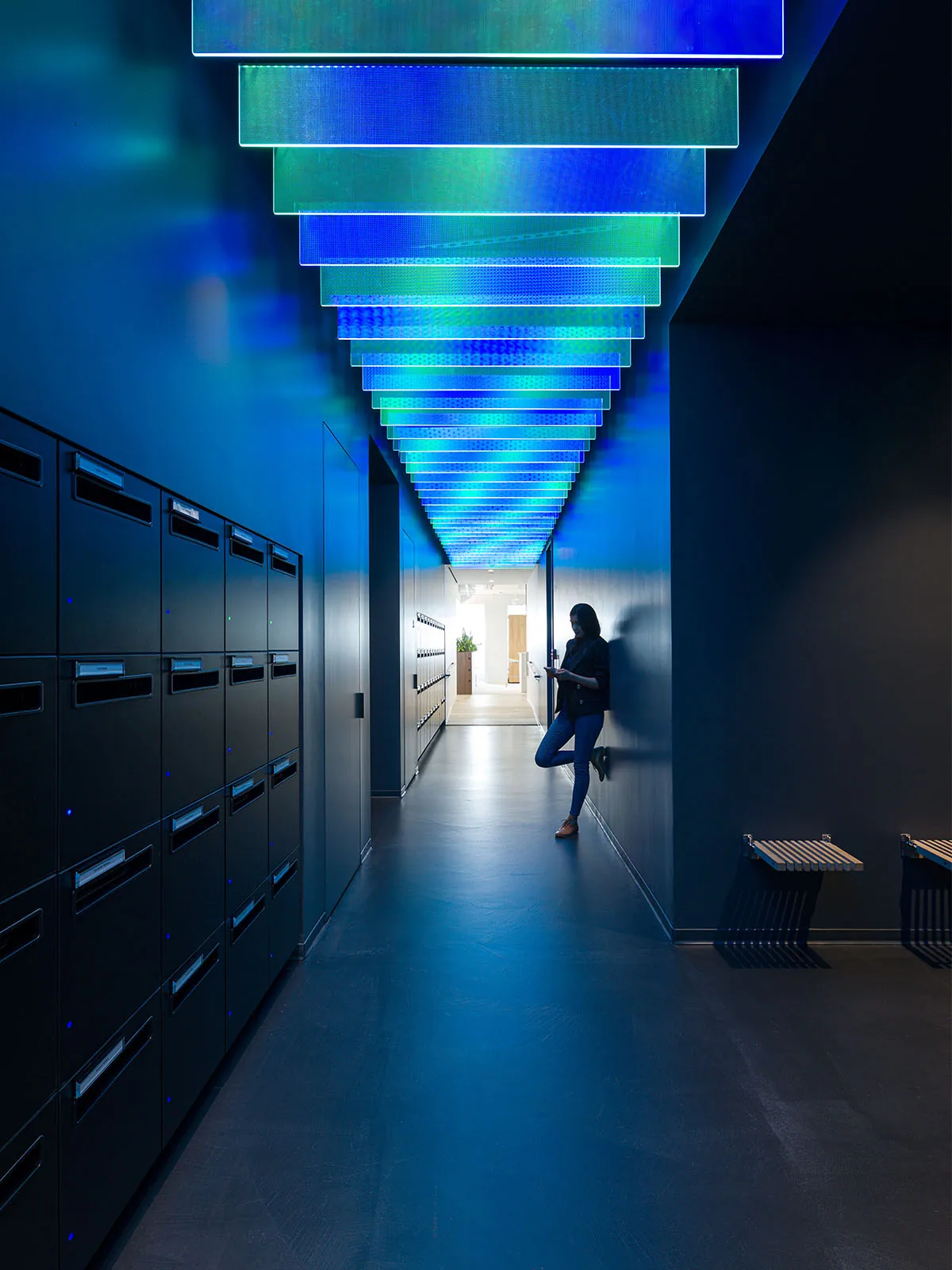 Corridor locker configuration in New York workplace