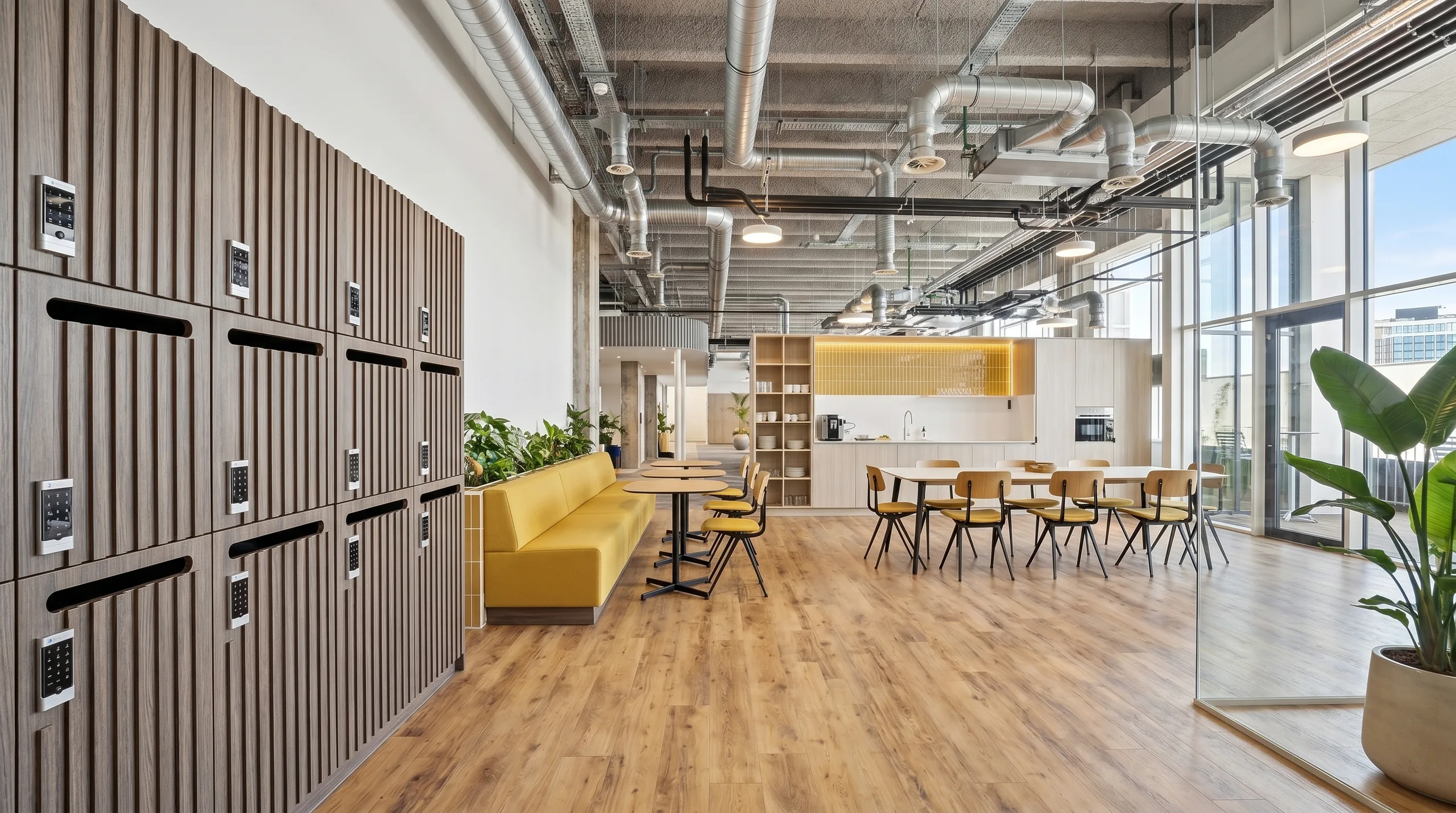 Reeded woodgrain locker wall in tech office