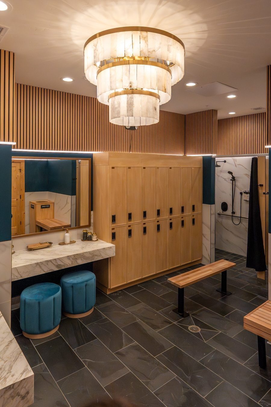 Low-profile shaker style locker door in a mountain resort locker room