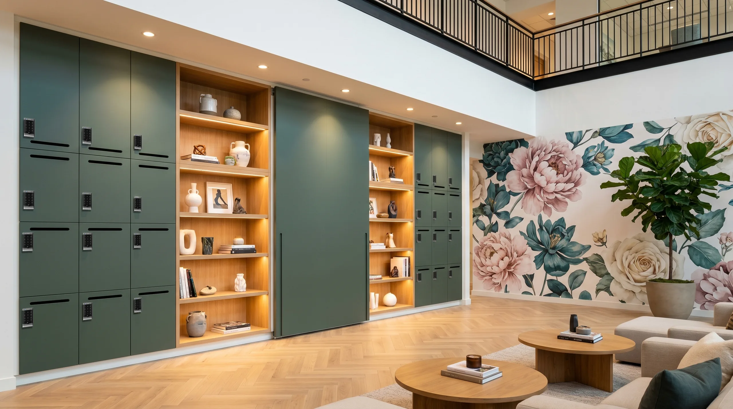 Green storage wall in a corporate arrival zone